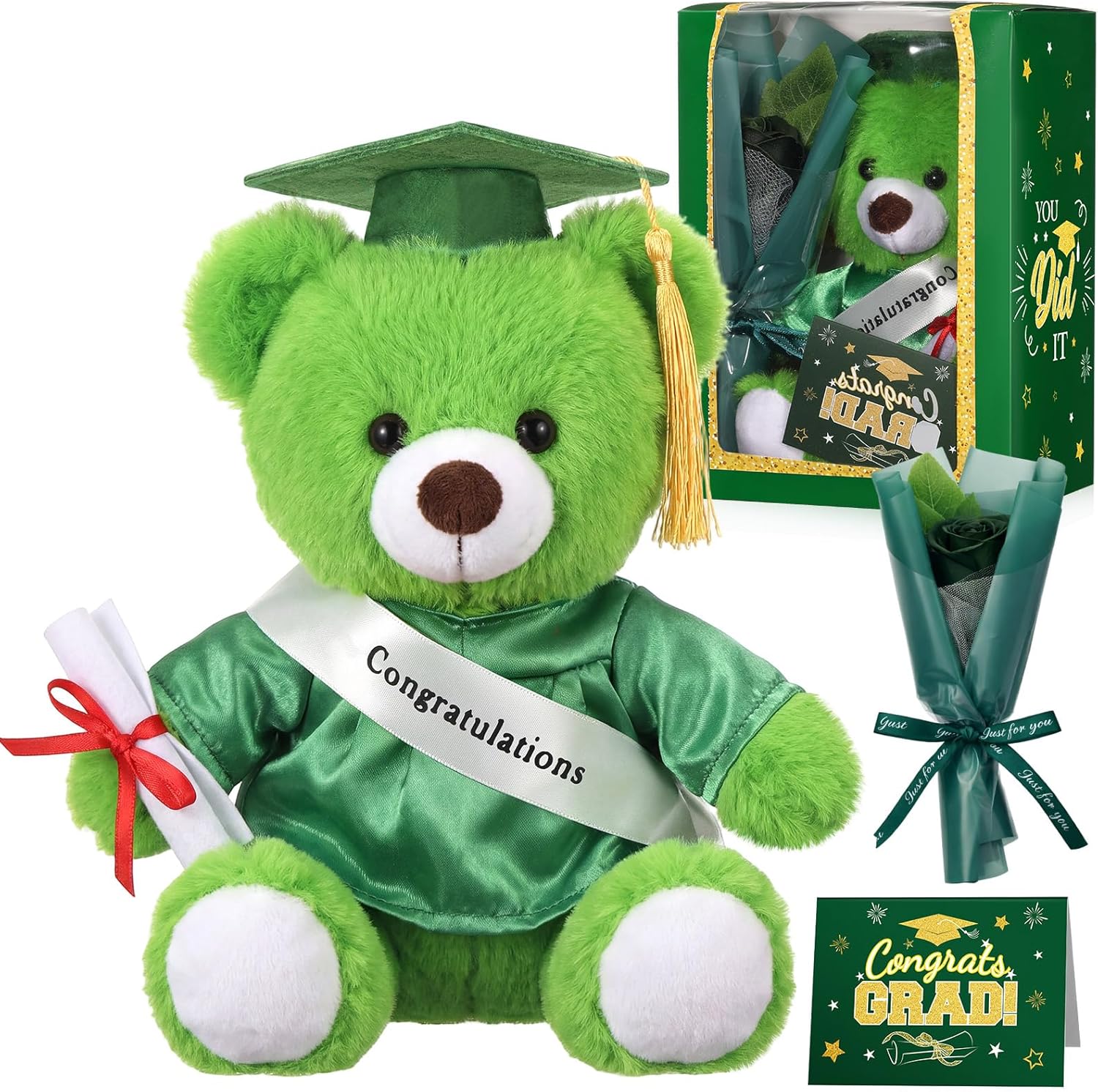 Hollowfly Graduation Bear Gifts Set Include Graduation Bear of 2026 Stuffed Animal with Cap and Gown, Artificial Flower, Graduate Gift Box with Window and Greeting Card for Him or Her(Pink)