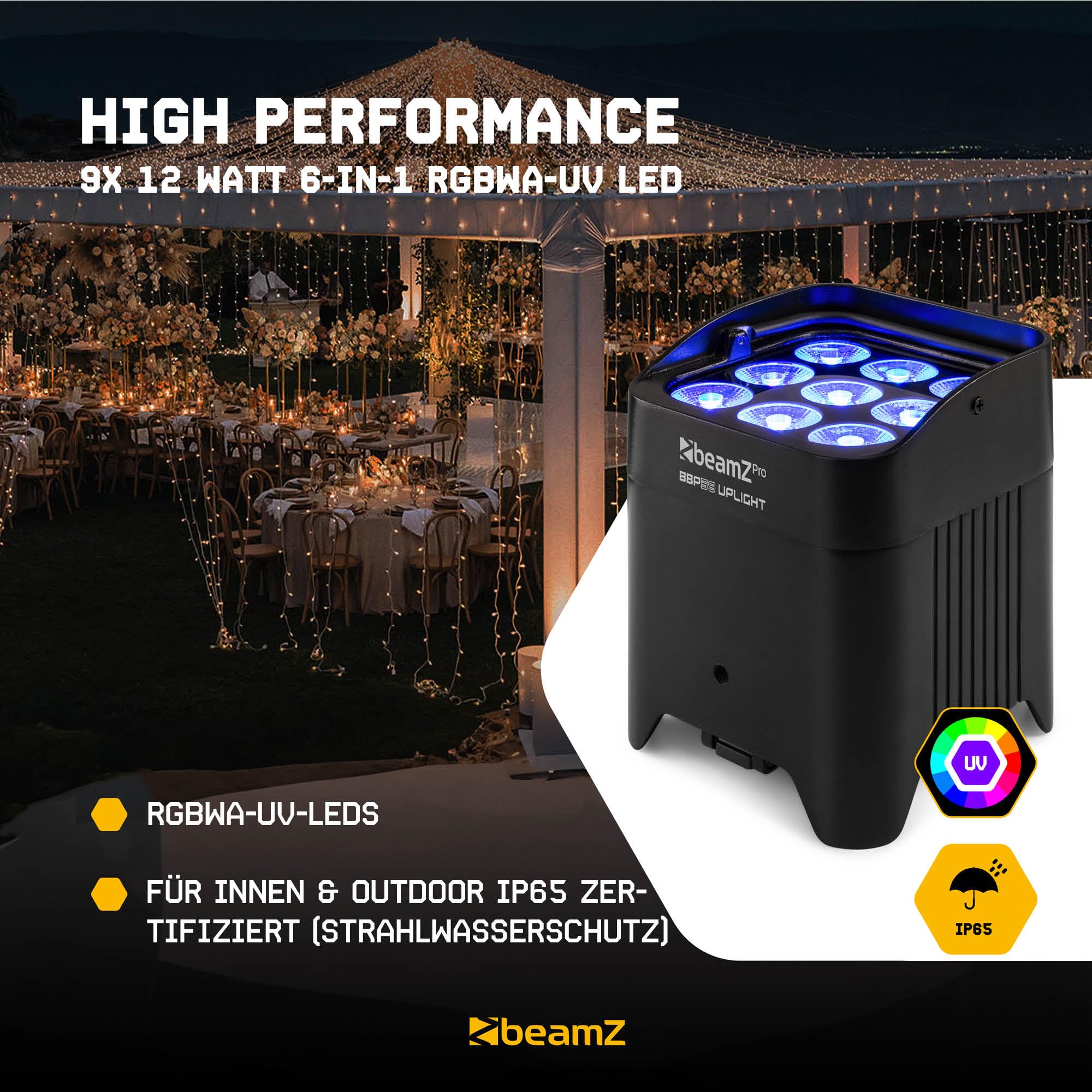 BeamZ Pro BBP59 - Wetterfestes Akku Uplight, 6er Set, 9x12W RGBWA-UV LED, WDMX - Kabelloser Partylicht Strahler für Events Outdoor, DMX Spot Akku Bodenstrahler, LED PAR, Musikgesteuert