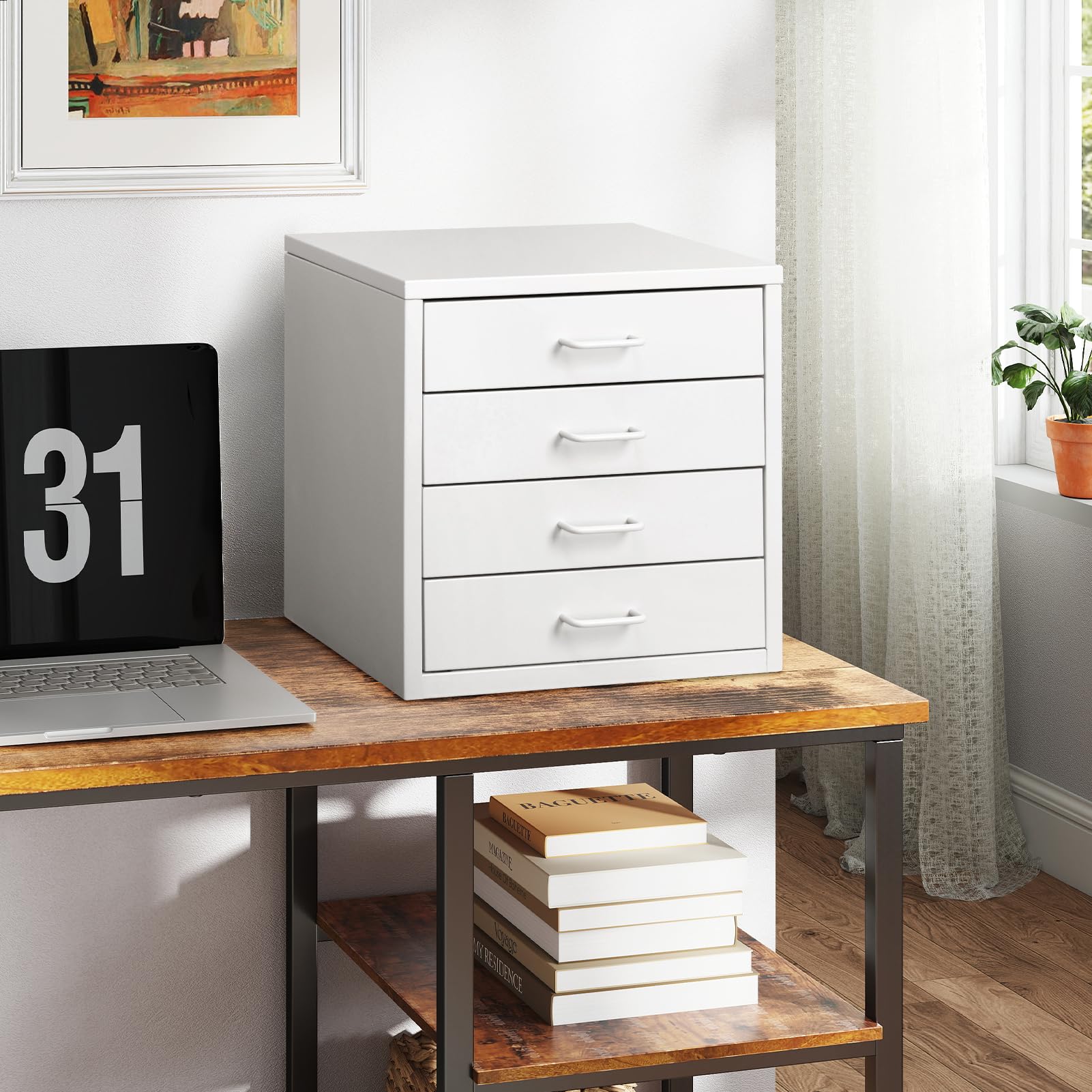 HollyHOME Armadietto da scrivania con 4 cassetti, organizer per lettere formato A4, in metallo, per l'ufficio domestico, bianco