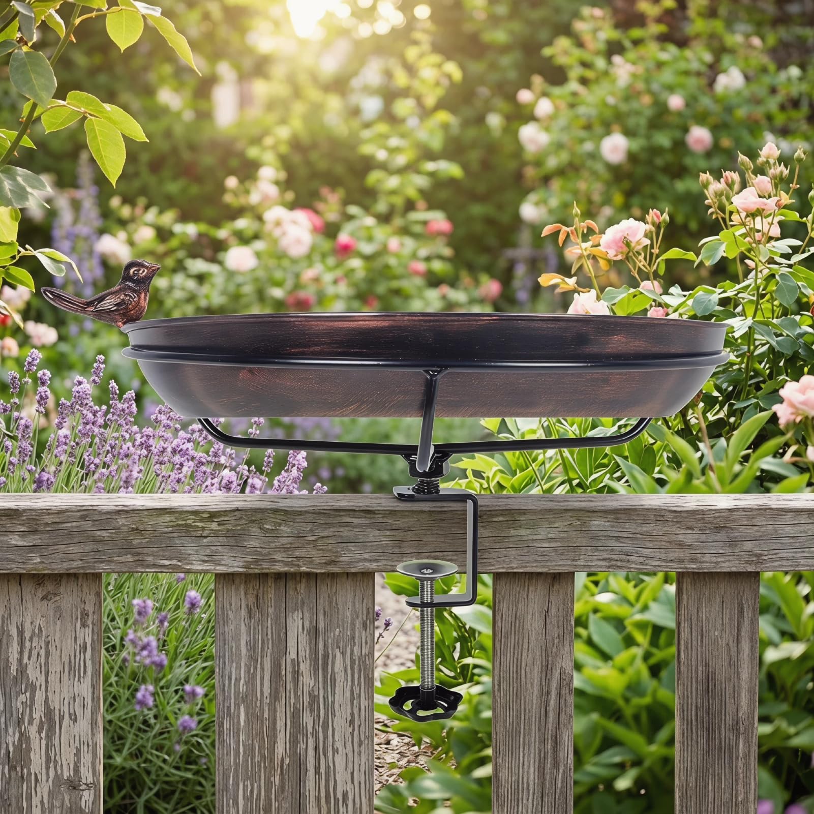 Bain Oiseaux Exterieur – Rond, en Fer avec revêtement Anti-Rouille, Support réglable sans perçage, Convient pour Balcon, Jardin et terrasse, Ø 30,5 cm, Profondeur 5 cm (Marron foncé)