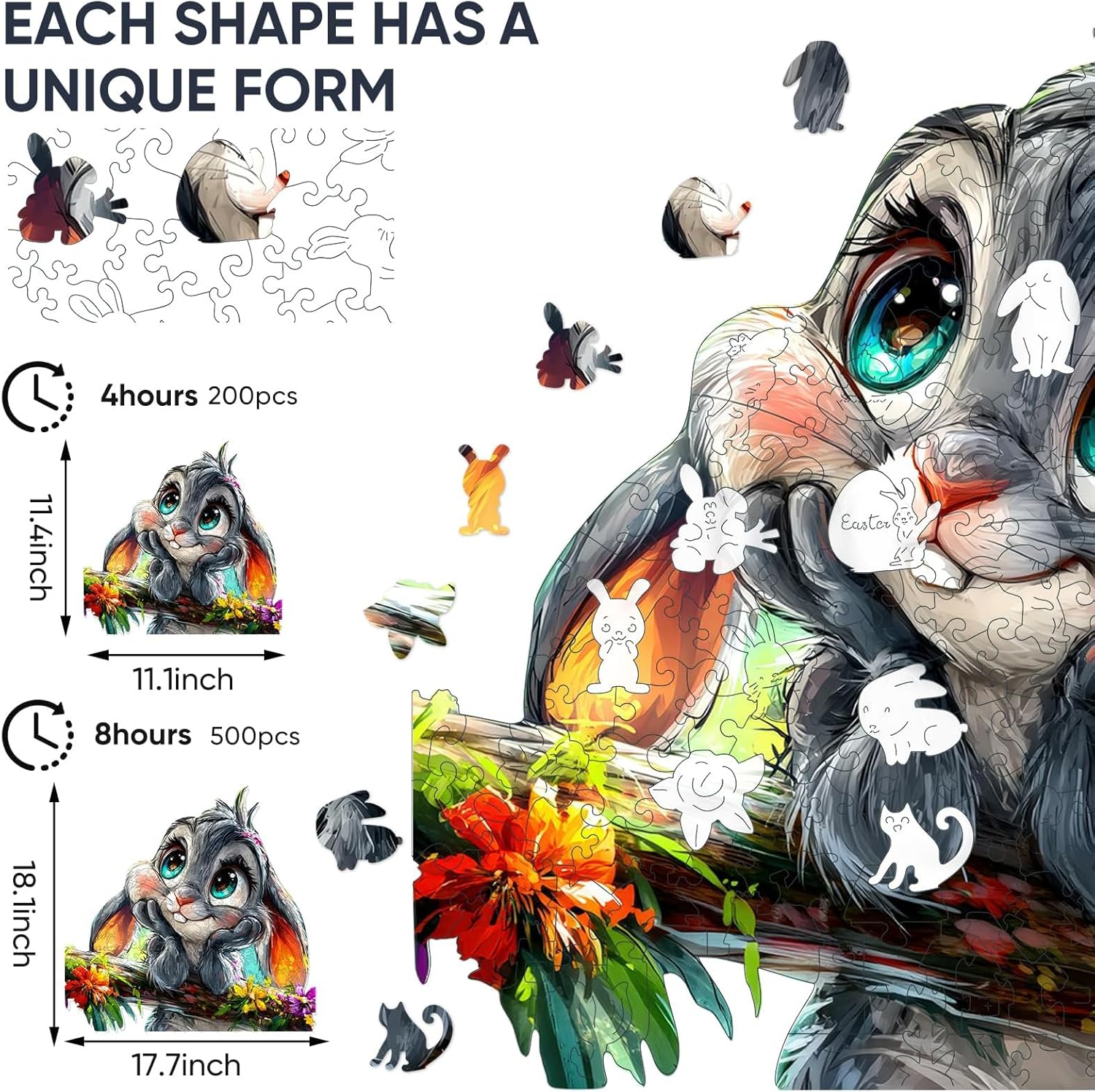 Qiuenisray 500 Piece Easter Puzzles for Adults, Wooden Rabbit Jigsaw Puzzles, FSC Certified Royal Unique Shape Animal Puzzle, Creative Gift for Family Game 17.7x18.1 in