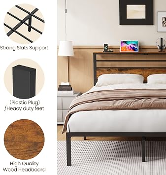Full Size Platform Bed Frame with Wood Headboard, Metal Bed Frames with Under Bed Storage, Strong Metal Slats Support Mattress Foundation, No Box Spring Needed (Brown, Full)