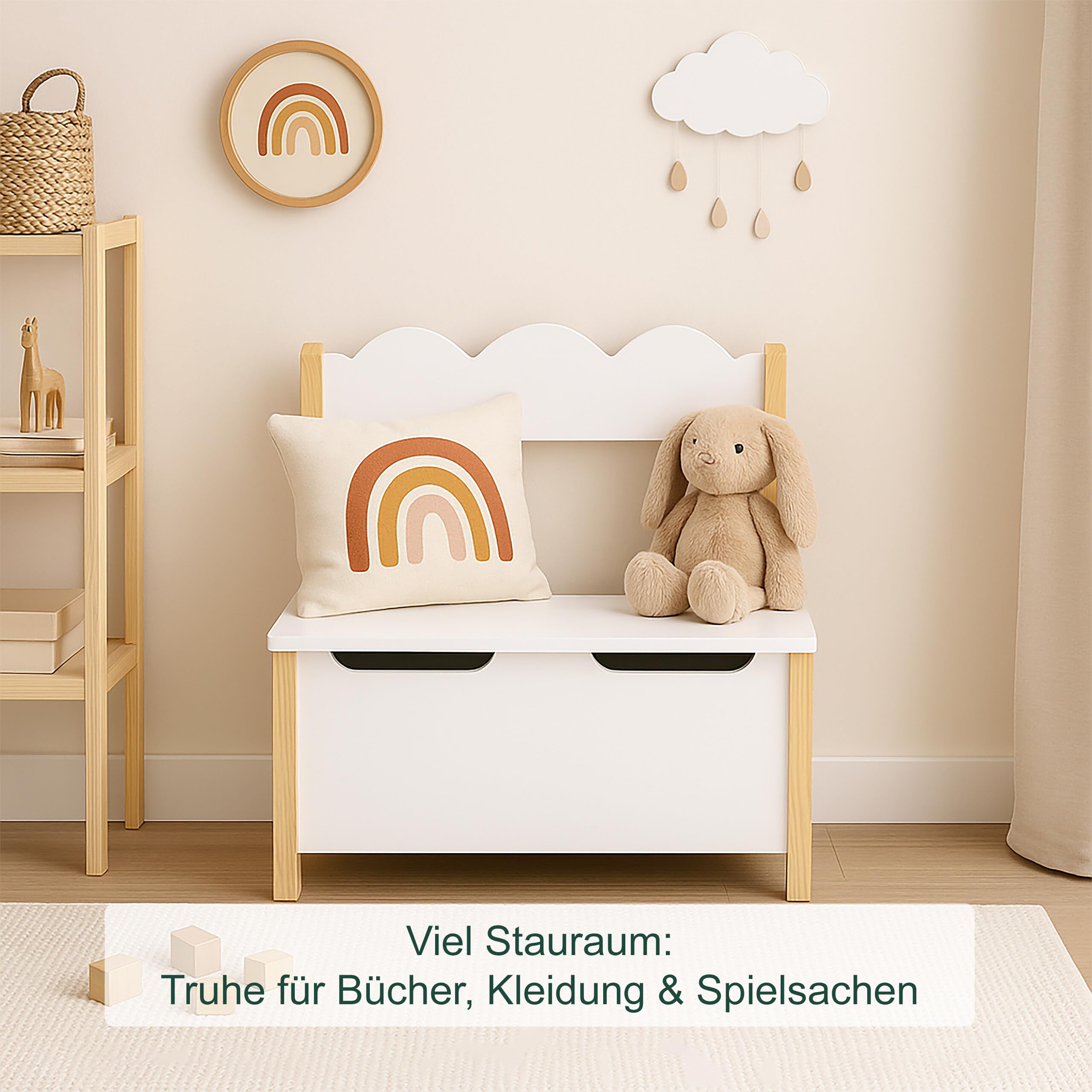 Relaxdays Kinderbank mit Stauraum, Deckel, Rückenlehne, HBT: 60 x 60 x 25 cm, Kinder Sitzbank, Kinderzimmer, weiß/Natur