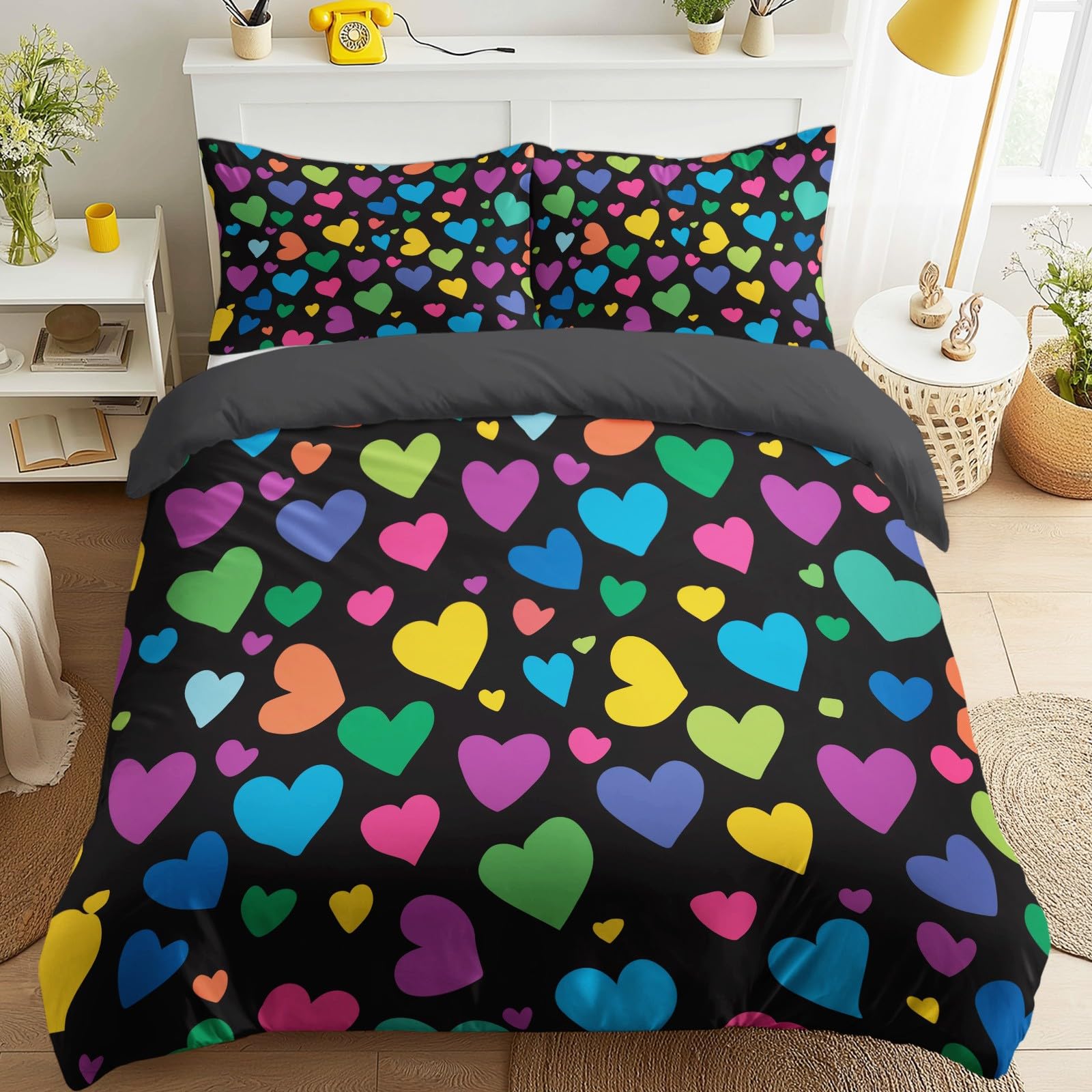 Housse de couette 220x240 noir en microfibre avec parure de lit géométrique pour 2 personnes