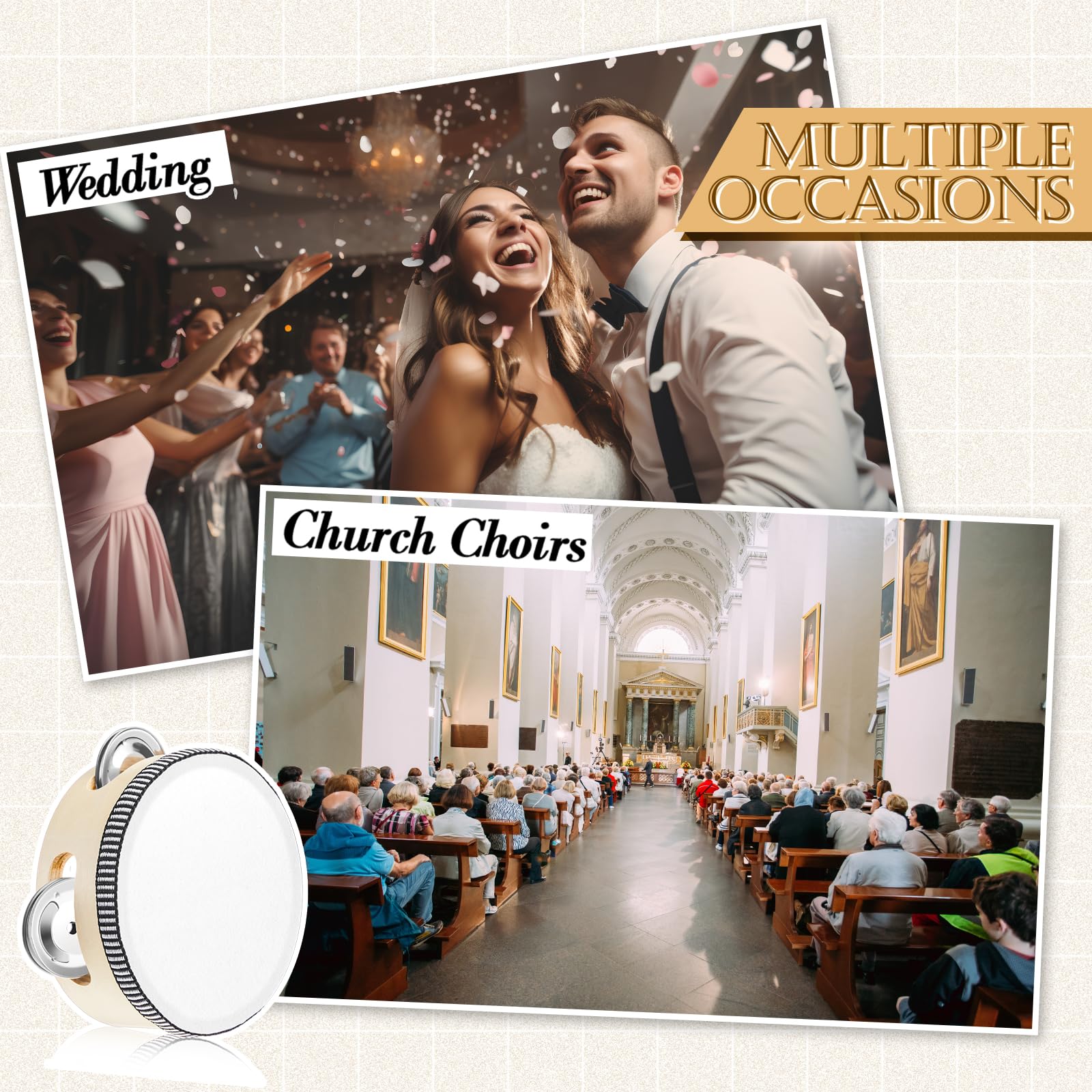 12 panderetas de boda de 4 pulgadas para adultos, regalo de percusión de mano, cascabeles de madera y metal, instrumento educativo musical para iglesia, boda, fiesta, juegos (multicolor)