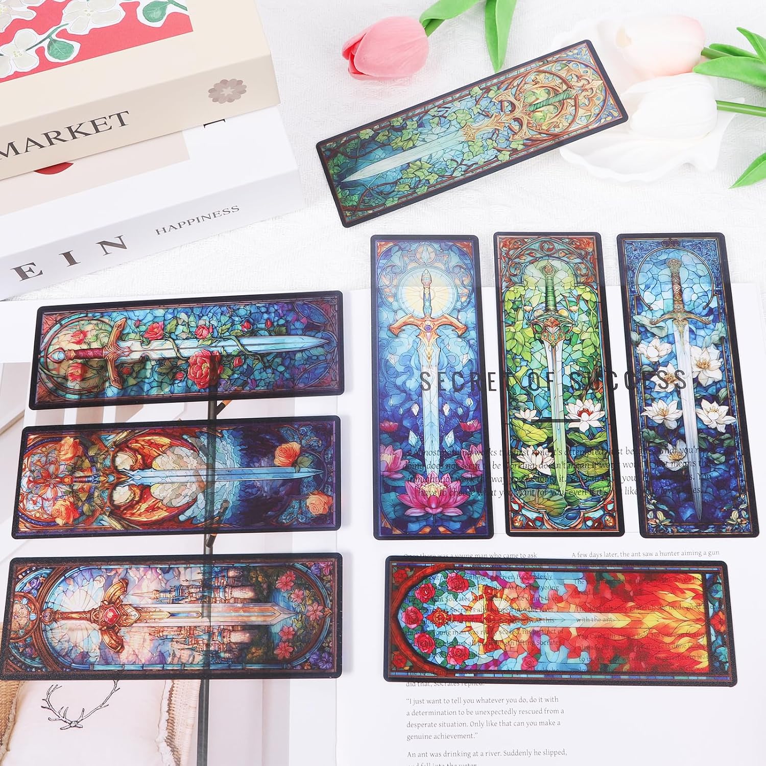 Sword Stained Glass Transparent Bookmark - Wxiben 10 Pcs Cool Sword Transparent PVC Bookmark Fantastic Floral Book Mark Page Clips Gifts for Women Men Book Lovers Teacher Student Bookish Readers - Image 4
