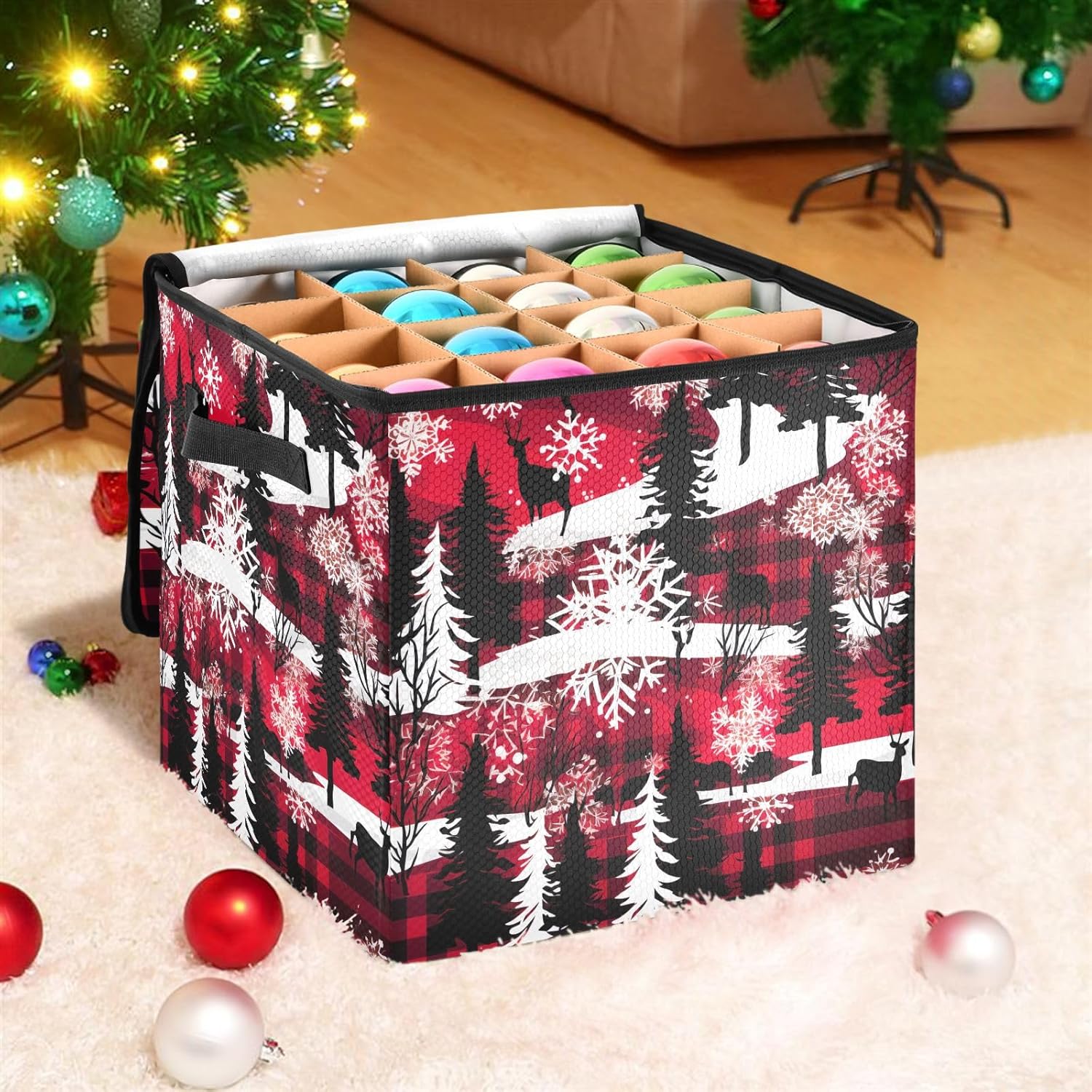 Christmas Tree Elks Christmas Ornament Storage Box for Next Season Holiday Decorations Storage Container with Adjustable Dividers & Lid Lidded Storage Bins for Decor Ornaments Balls Organizing
