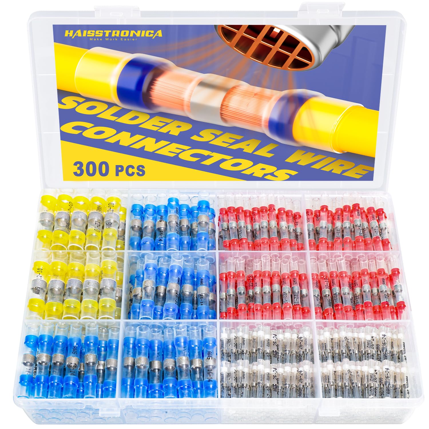 haisstronica 300 conectores de alambre de soldadura resistentes al agua, kit de conectores de soldadura termorretráctiles para marina, barco, camión, estéreo, eléctrico, junta (30 amarillo 70 blanco