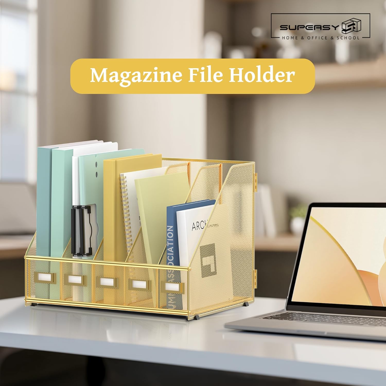 supeasy desk organizers metal desk magazine file holder with 5 vertical compartments rack file organizer for office desktop, home workspace, gold gold small