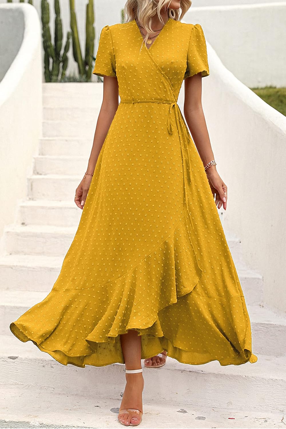 PRETTYGARDEN Women's Boho Floral Maxi Dress Summer Short Sleeve Wrap V Neck Long Flowy Beach Vacation Wedding Guest Dresses thumbnail
