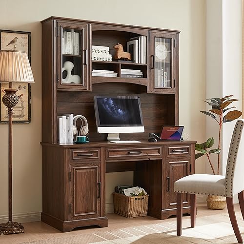 JXQTLINGMU Farmhouse 76" Height Computer Desk with Hutch, Office Desk with Charging Station, Drawers and Storage Cabinet, Workstation for Office Home, Brown