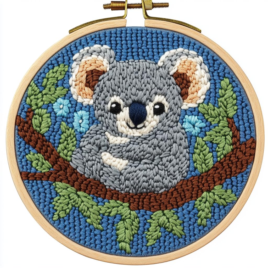 DIY Punch Needle Kits Cute Cartoon Koala Portrait with Hoop 20x20cm-3