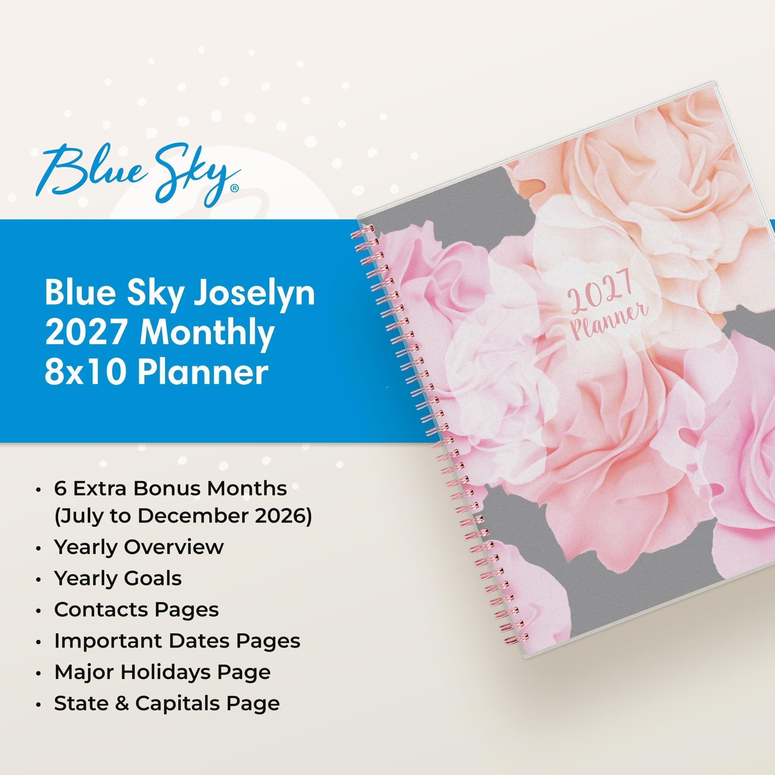 Blue Sky Calendario mensual 2027, enero 2027 a diciembre 2027, 8 x 10 pulgadas, cubierta esmerilada flexible, pestañas laminadas, encuadernación duradera de doble alambre, Joselyn