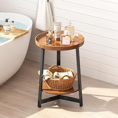 Miniatura 6 de Mesa auxiliar redonda industrial de 2 niveles con estante de almacenamiento, mesa auxiliar con bandeja decorativa con soporte de metal triangular,