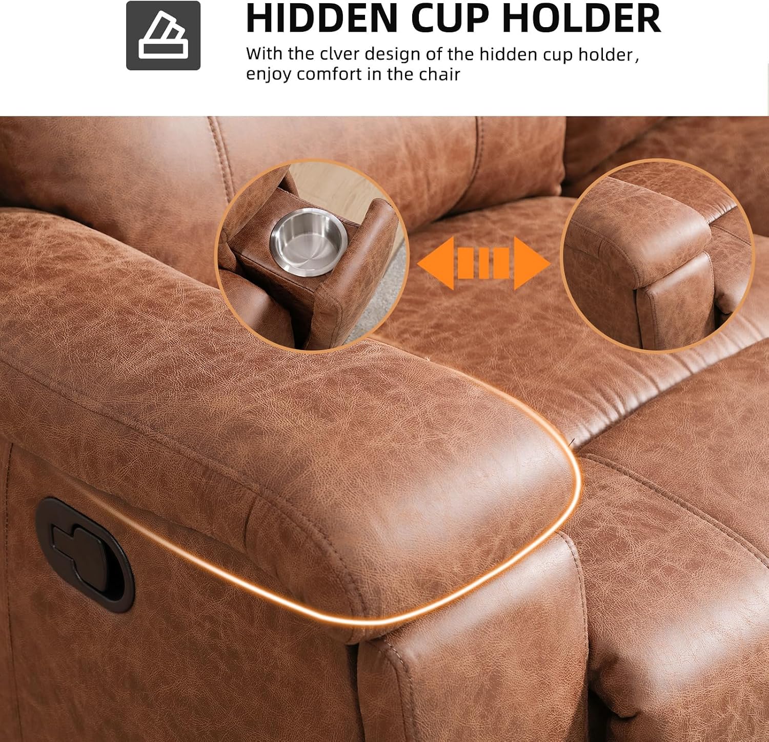 EBELLO Faux Leather Manual Recliner Loveseat Sofa, Modern 2-Seater Chair with Handy Cup Holders and Storage Space, for Living Room, Meeting Room, Brown