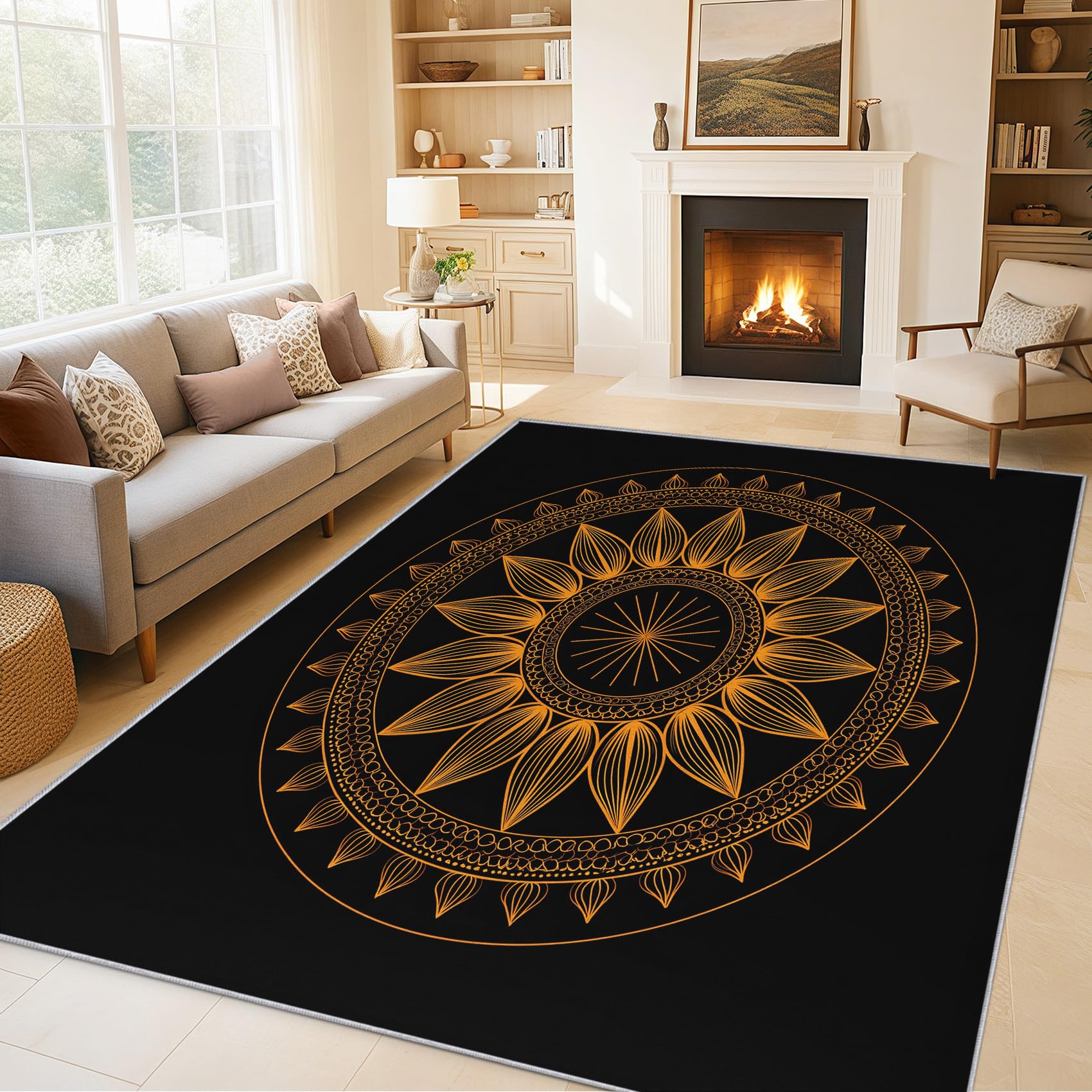 Tapis salon mandala facile à nettoyer fini la poussière et les glissades