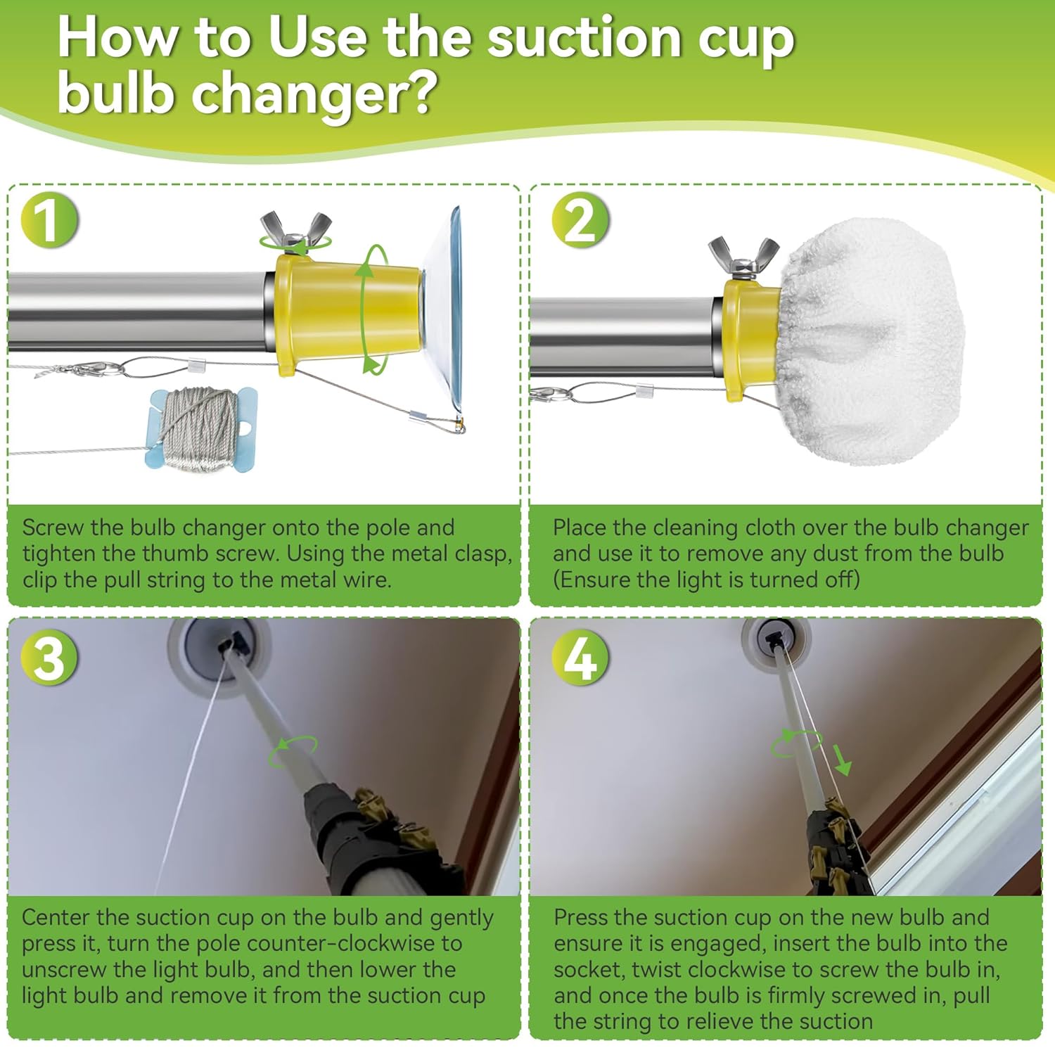 Dreyoo 3 Pieces Set Light Bulb Changer, Standard Incandescent, Floodlight and Suction Cup Light Bulb Changer Compatible with Standard Threaded Extension Pole, Pole Not Included (Yellow)