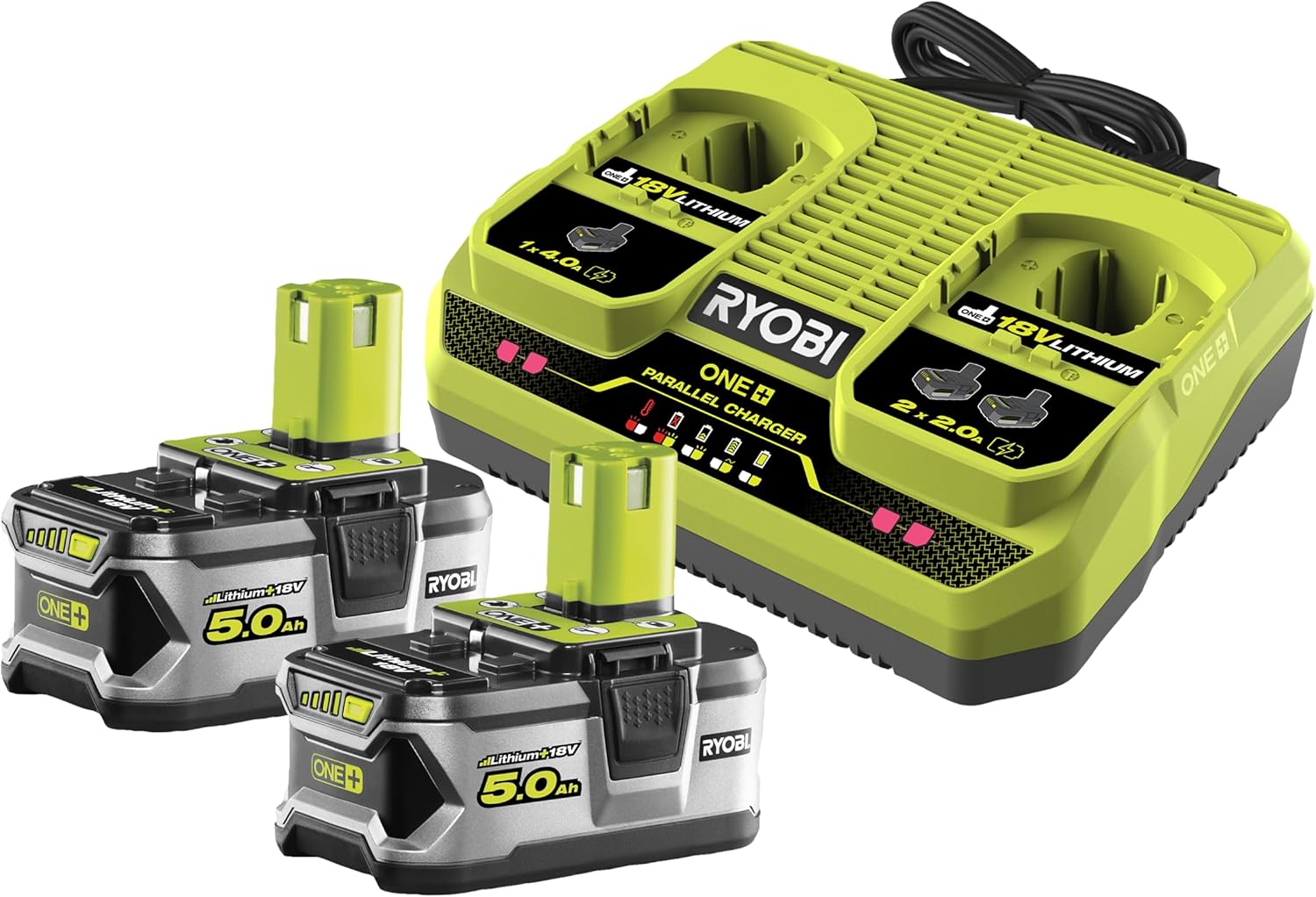 Kit Batterie Chargeur Ryobi 18V RC18120-250, 2 Batteries 5,0 Ah, Vert/noir