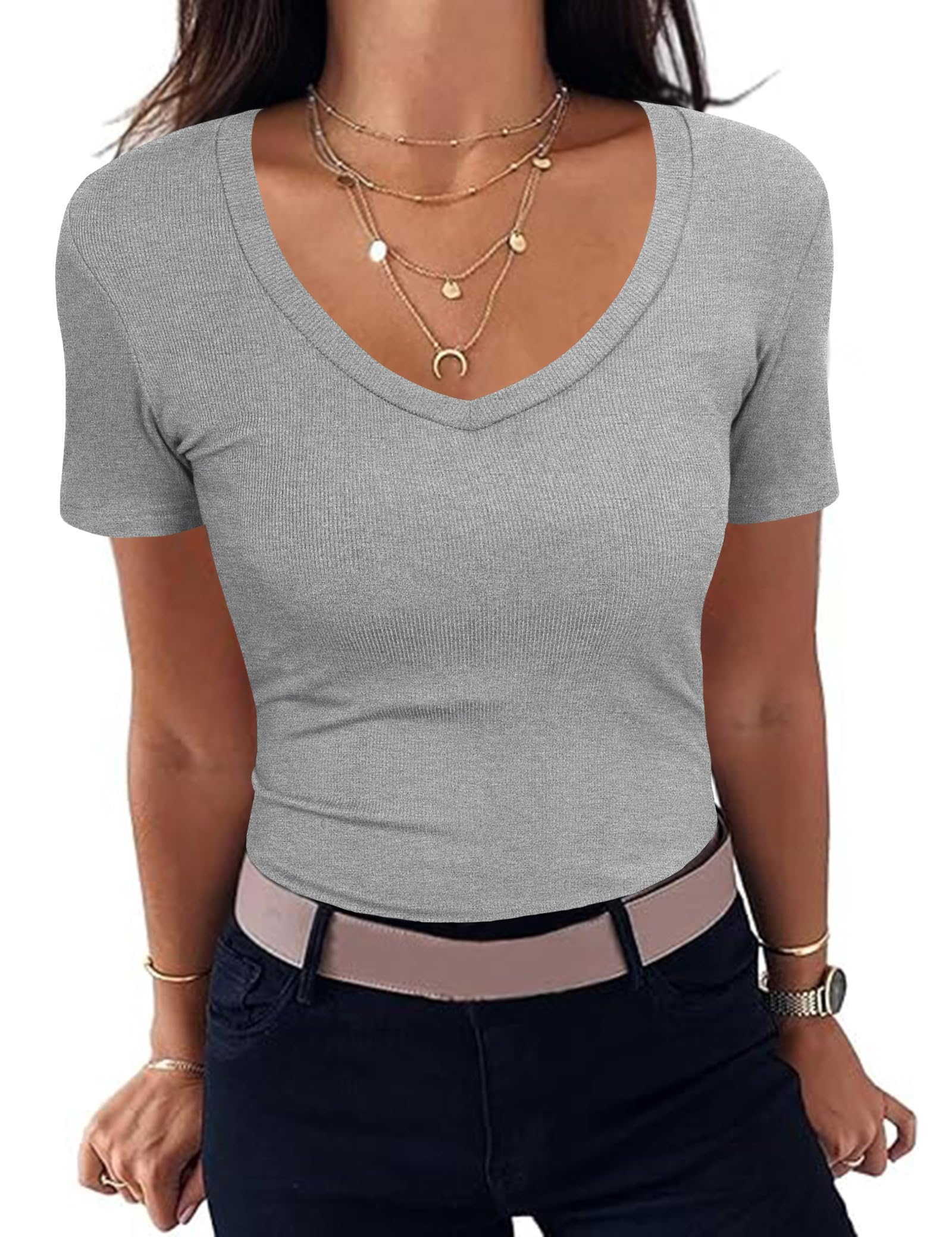 Aottori Damen T-Shirt V-Ausschnitt Elegant Oberteile Kurzarm Gerippt Basic Tee Shirts Slim Fit Tshirt Stretch Casual Sommer Tops