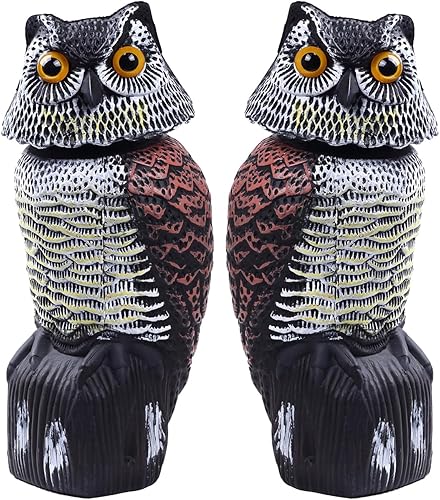 Hedoc Paquete de 2 señuelos falsos de búho para asustar a los pájaros (15 pulgadas), esculturas de cabeza giratoria, estatuas de plástico de
