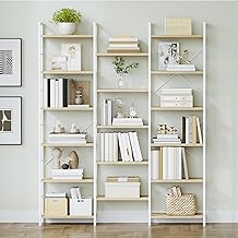 Hzuaneri Scaffale a 6 Ripiani, Libreria a Stelo con 17 Ripiani, Distanza Regolabile, 24 × 152 × 186 cm, Struttura in Metallo, per Soggiorno, Camera da Letto, Ufficio, Quercia Bianca e Bianco BC10116W