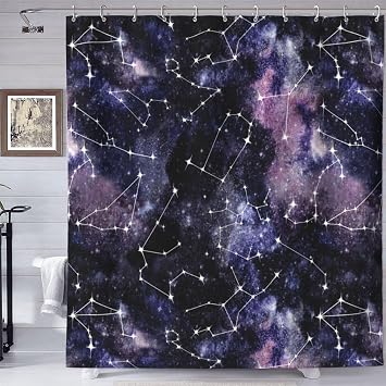 YETTA YANG Purple Black Star Pagan Galaxy Constellation Home Decorations Decor Opacity Spa Curtain Bathroom Shower Curtain Set 72 X 72 Inch with 12pcs Hooks Fabric