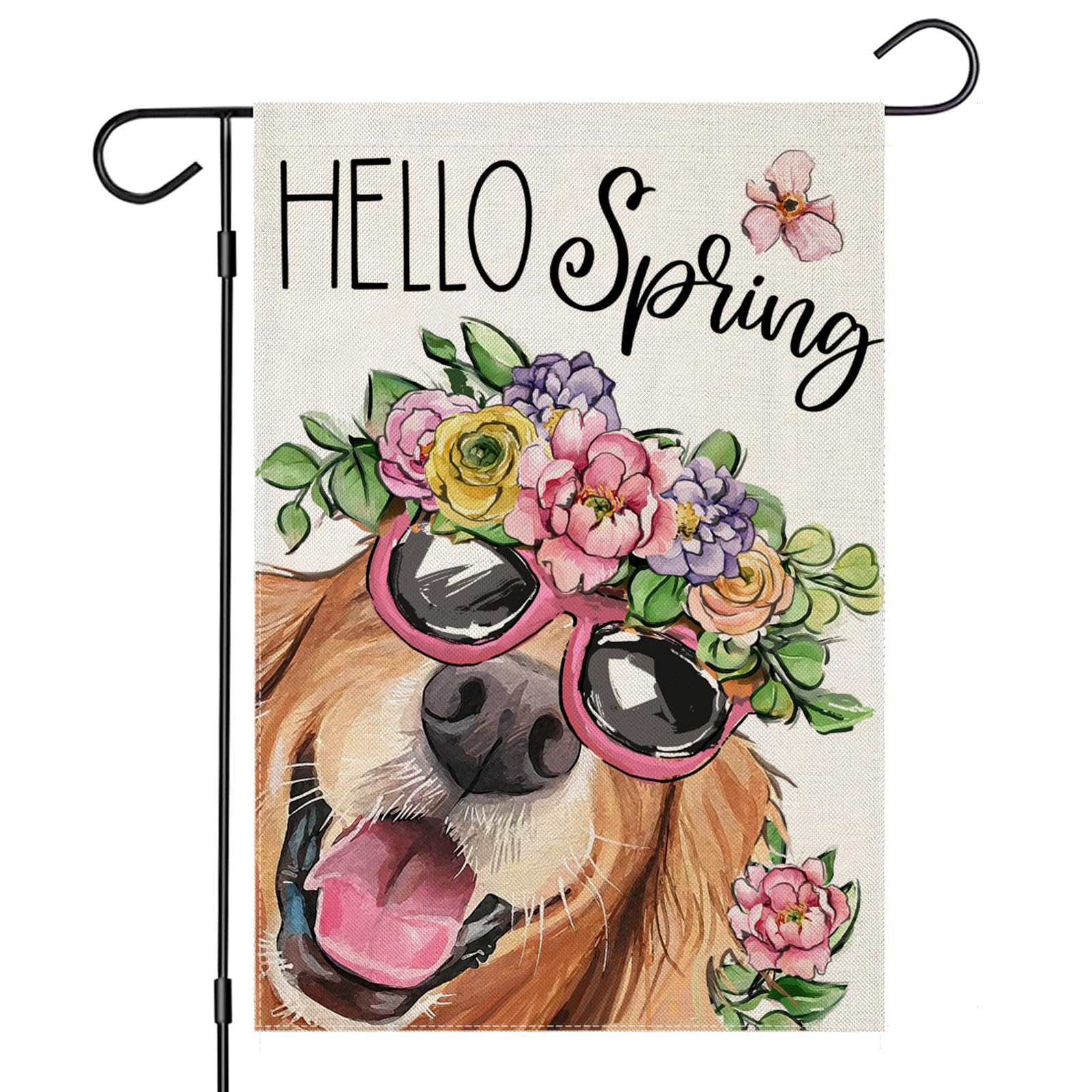 Hello Spring Garden Flags for Outside 12x18 Inch Double Sided, Dog with Flowers Hat Small Yard Decoration, Seasonal Summer Anniversary Wedding Decor for Farmhouse Holiday Outdoor