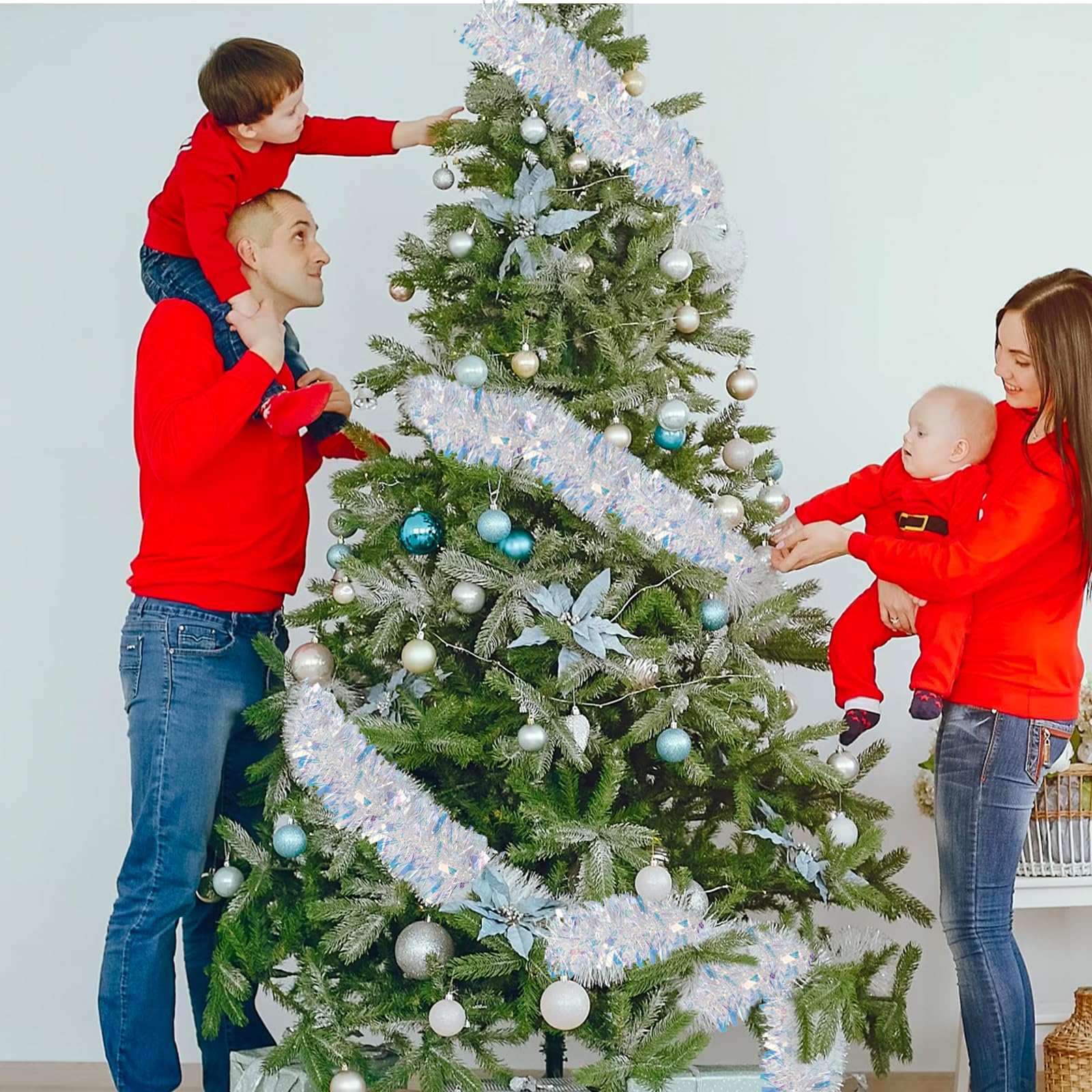 GEBETTER 6Pcs x 2m Guirnaldas Navidad, Espumillon Árbol Navidad, Oropel Efecto Holográfico, Decoración Navideña Adorno Escalera Chimenea Pared Techo Ventana Hogar Fiesta Regalo (Blanco)