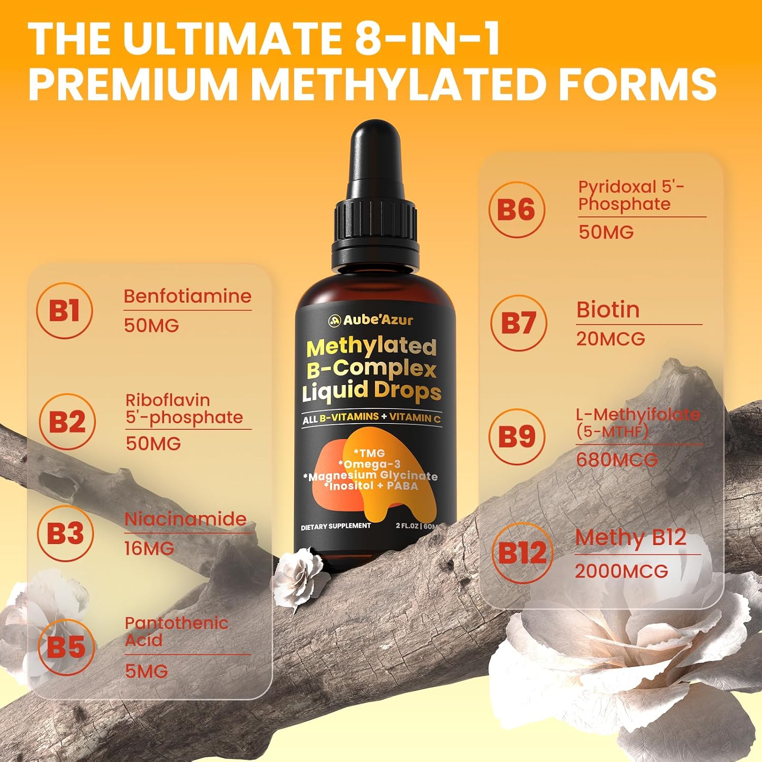 Methylated B Complex Liquid Drop, Liquid B Complex Vitamins for Women, with Methyl B12, Methylfolate, B1, B3, B5, B6, B7, C, Omega-3, Inositol, Magnesium, TMG Supplement for Energy Support, 2 FL OZ - Image 4