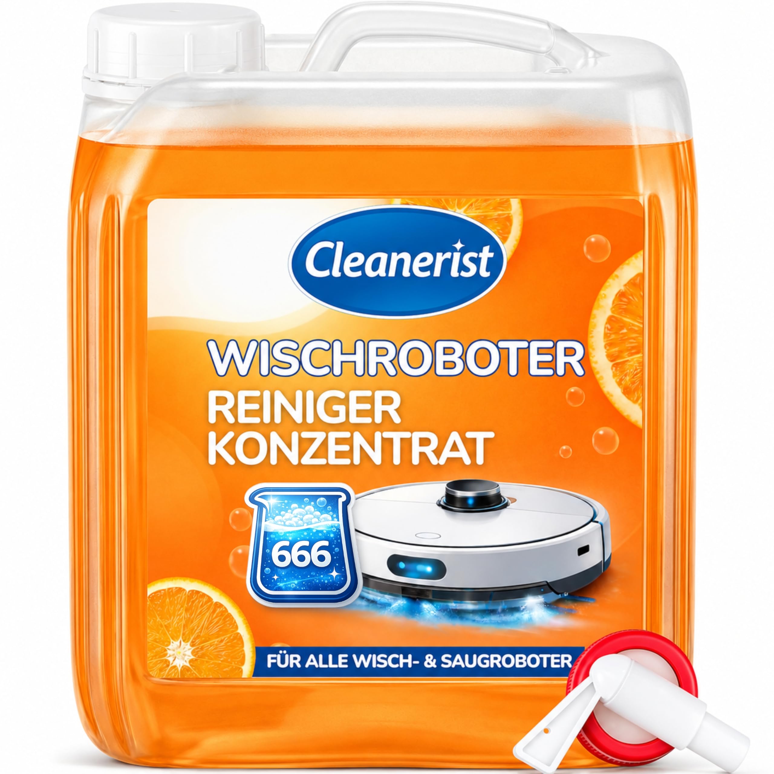 Cleanerist | 10L Wischroboter Reiniger Konzentrat mit Orangenduft [666 Füllungen] – 15ml auf 300ml Wasser – Universal Bodenreiniger für alle Modelle – Inkl. Ausgießer – Streifenfreie Sauberkeit