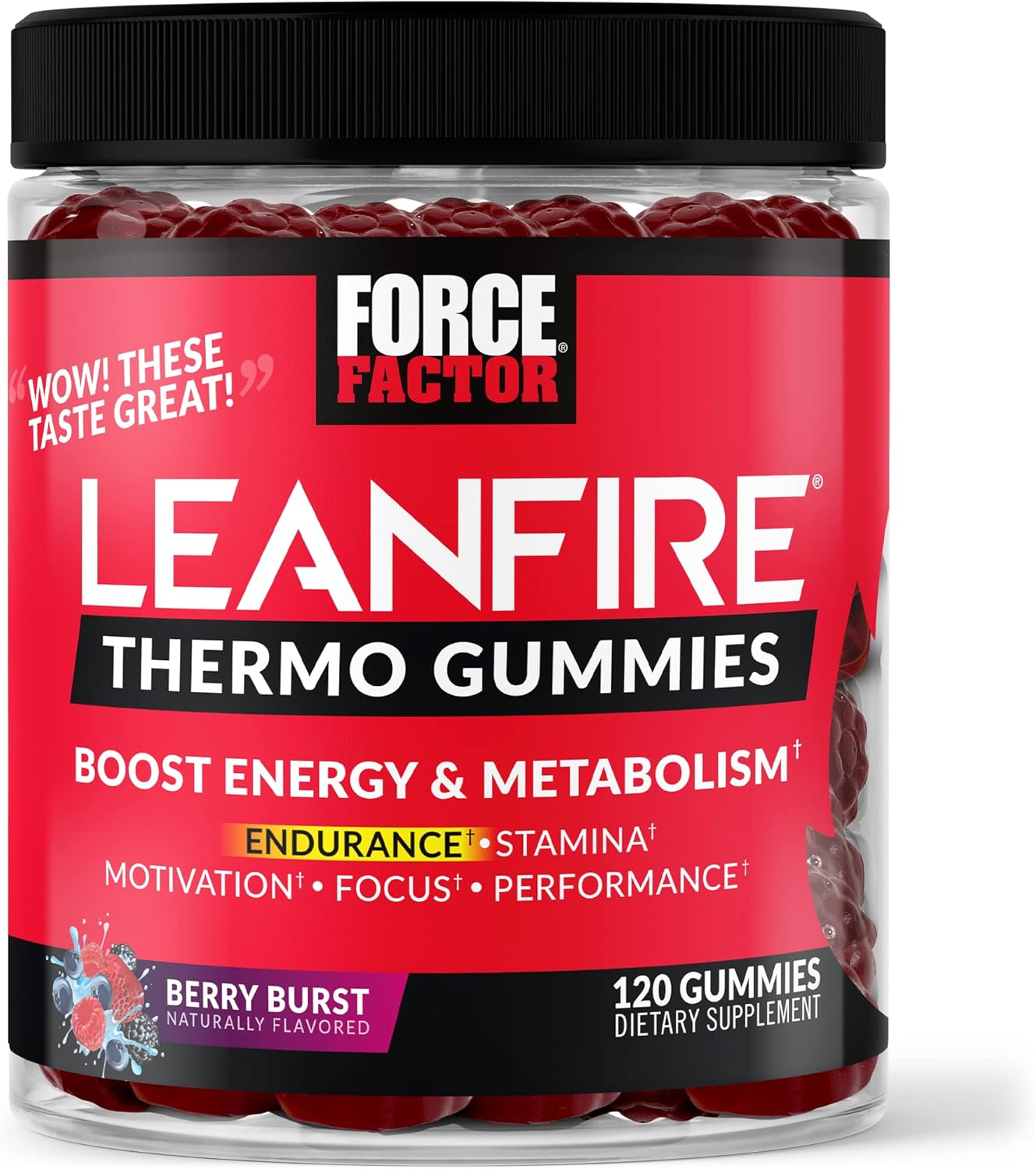 Force Factor LeanFire Thermo Gummies with B12 Vitamins, Caffeine, & Green Coffee Bean, Boost Energy, Metabolism, Endurance, Stamina, Motivation, Focus, & Performance, Pre Workout Gummies, 120 Gummies Berry Burst 120 Count (Pack of 1)(Best By 05/25)
