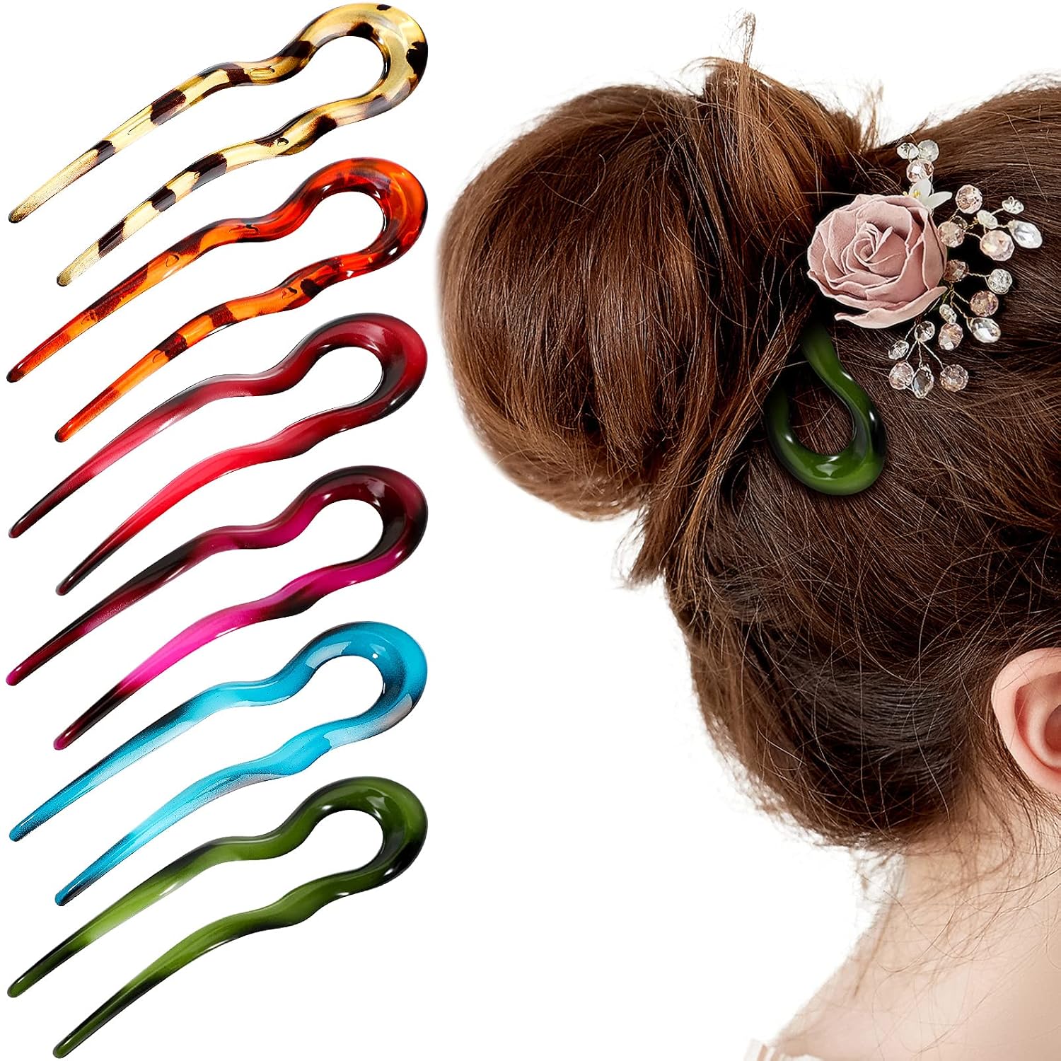 6 Pieces U Shaped Hair Pins French Style Hair Stick Fork for Thick Long Hair, Cellulose Acetate Wavy Updo Chignon Pin Hair Accessories for Women Girl (Leopard Print, Wine Red, Rose Red, Blue, Green)