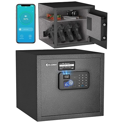 BILLCONCH Gun Safe, Biometric Pistol Safe with Display and Voice Prompt, Automatic Locking Tabs | Detachable Shelf and Foldable Gun Racks for Handgun Safe (1.4 Cubic Feet)