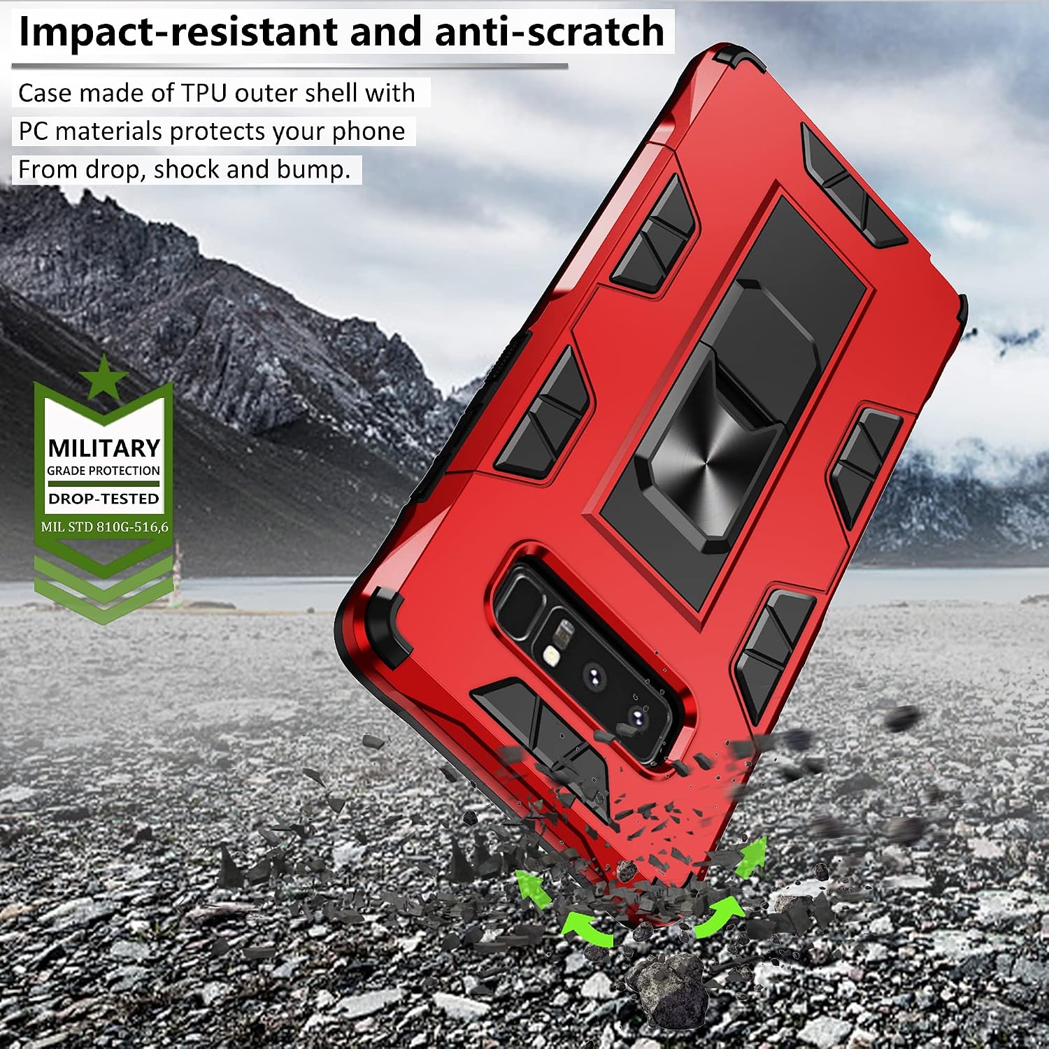 Compatible for Samsung Galaxy Note 8 Case with HD Screen Protector, Gritup Military Grade Dual Layer Protective Shockproof Cover Built-in Magnetic Kickstand Phone Case for Samsung Note 8, Red