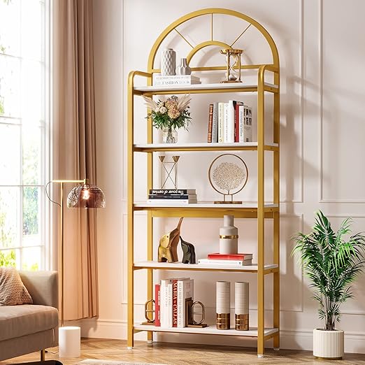 Amazon.com: Tribesigns 5 Tier Bookshelf White and Gold Arched Bookshelf, Freestanding Tall ...