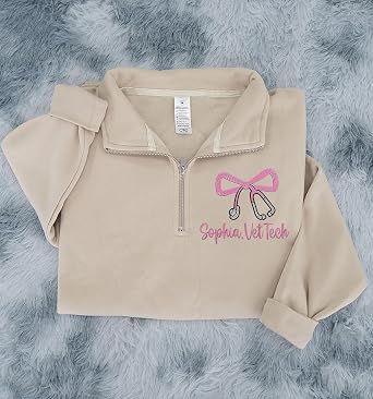 Custom Embroidered Vet Tech Quarter Zip Sweatshirt Personalized Veterinary Technician Pullover Animal Care Nursing Apparel Graduation Gift 2025 Healthcare Worker Appreciation Clothing