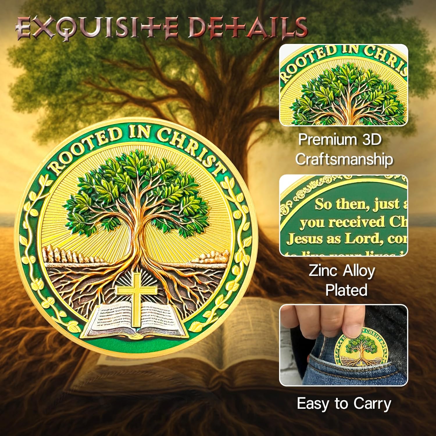 ASmileIndeep 10Pcs Tree of Life Christian Challenge Coin – Rooted in Christ Coin Bible Verse Colossians 2:6-7 Jesus Religious Token - Faith and Strength Coin Good Luck Christian Inspirational Gift (A)