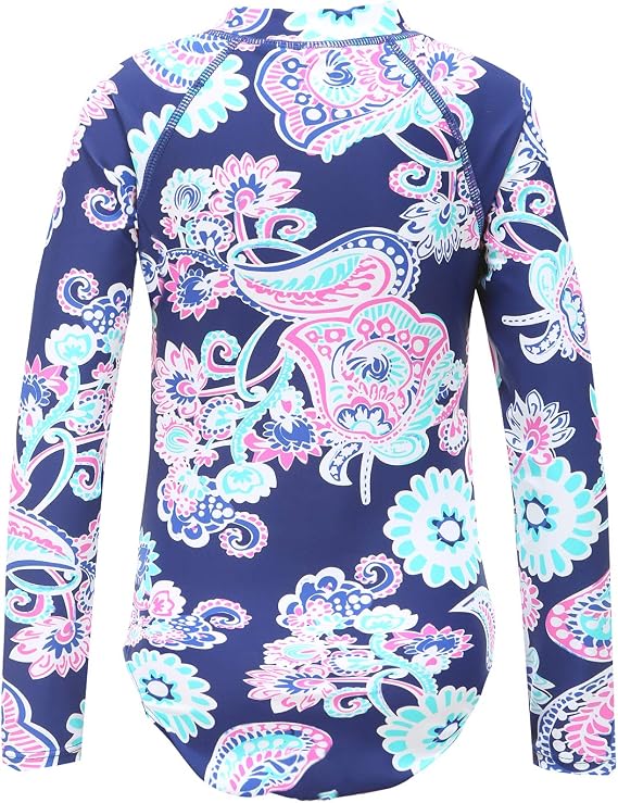 Girls Rash Guard Long Sleeve One Piece Swimsuits Stripes Zipper Bathing Suits UPF 50+/Sun Protection
