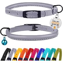 BRONZEDOG Cat Collar with Bell Kitten Rolled Leather Collars Safety QR ID Name Tag Smoke Grey