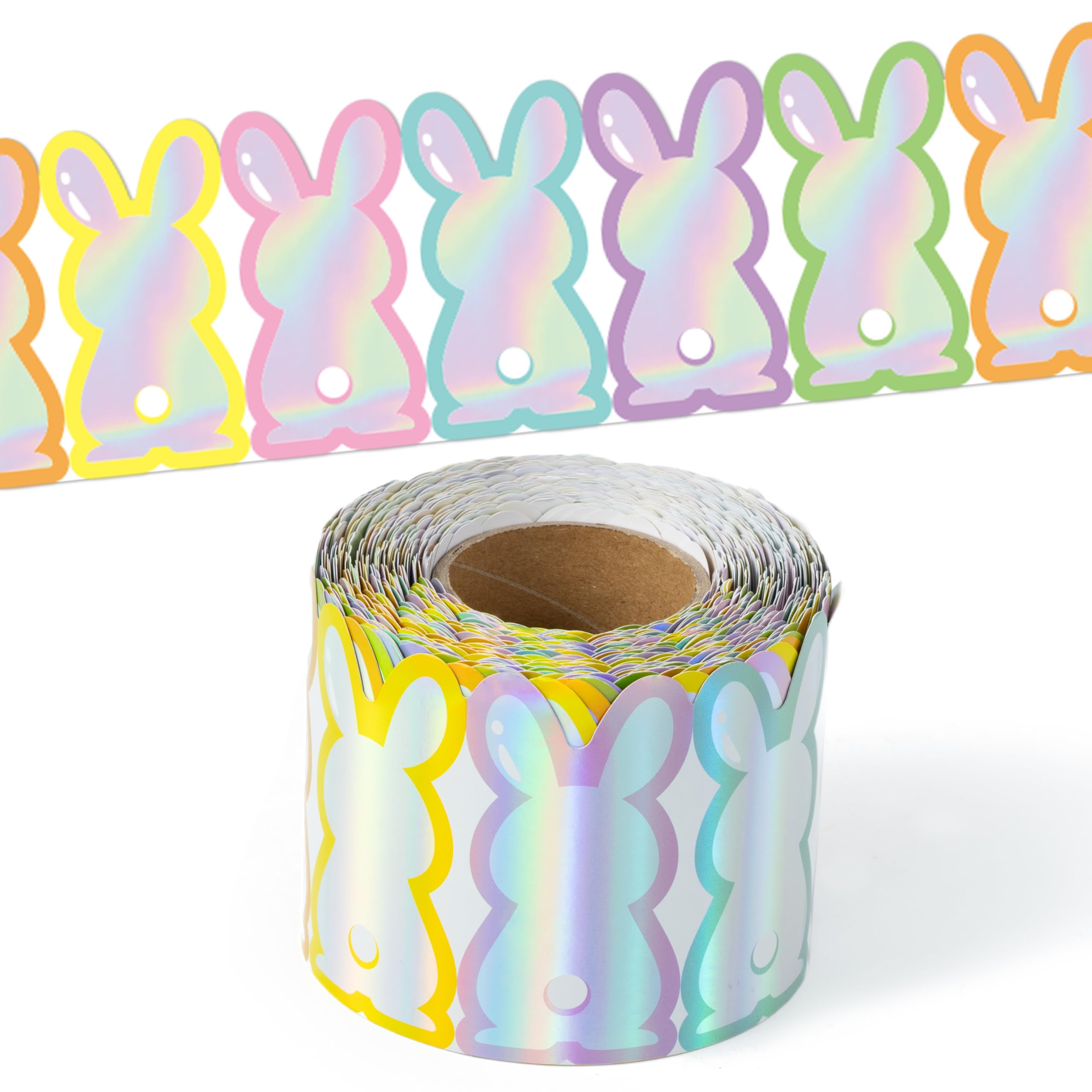 BeYumi Iridescent Bunny Border Trim - 65ft Back to School Rabbit Holographic Straight Rolled Border Trim Laser Bunny Bulletin Board School Classroom Office Door Chalkboard Springtime Party Decoration