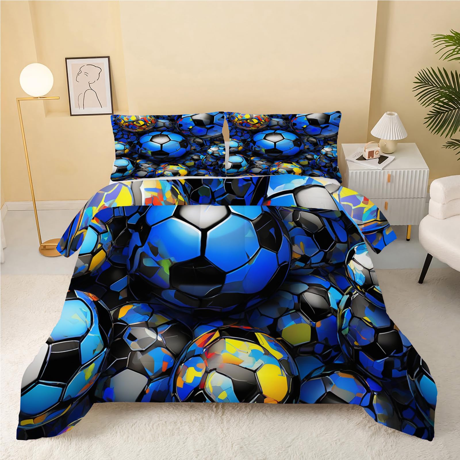 Bettdecke 200x200cm Blau Bettdecke Ohne Bezug, 4 Jahreszeiten Bettdecke Wende 240GSM, Weiche Bettdecken Ganzjahresdecke Waschbar Steppdecke 200x200 cm mit 2 Kissenbezug 80x80cm, Geometrie, Fußball