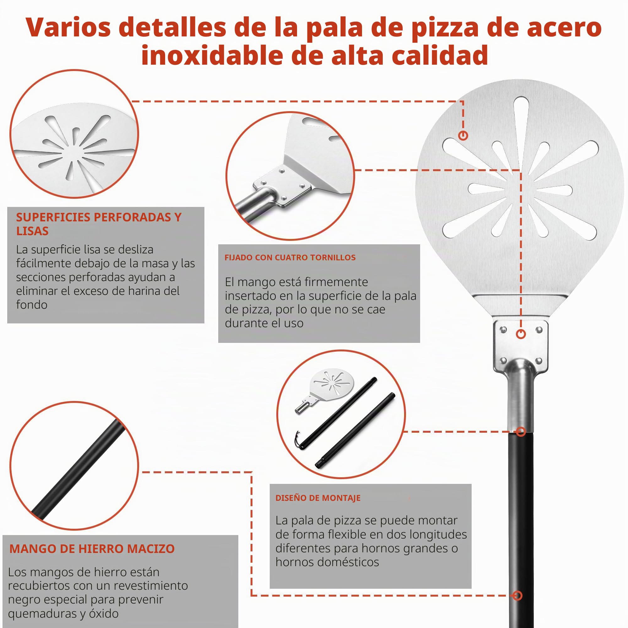 Homikit Pala para pizza, pala perforada de acero inoxidable de 20 x 22,7 x 85 cm con mango extraíble, pala redonda para pizza para facilitar el deslizamiento sobre la piedra de la pizza