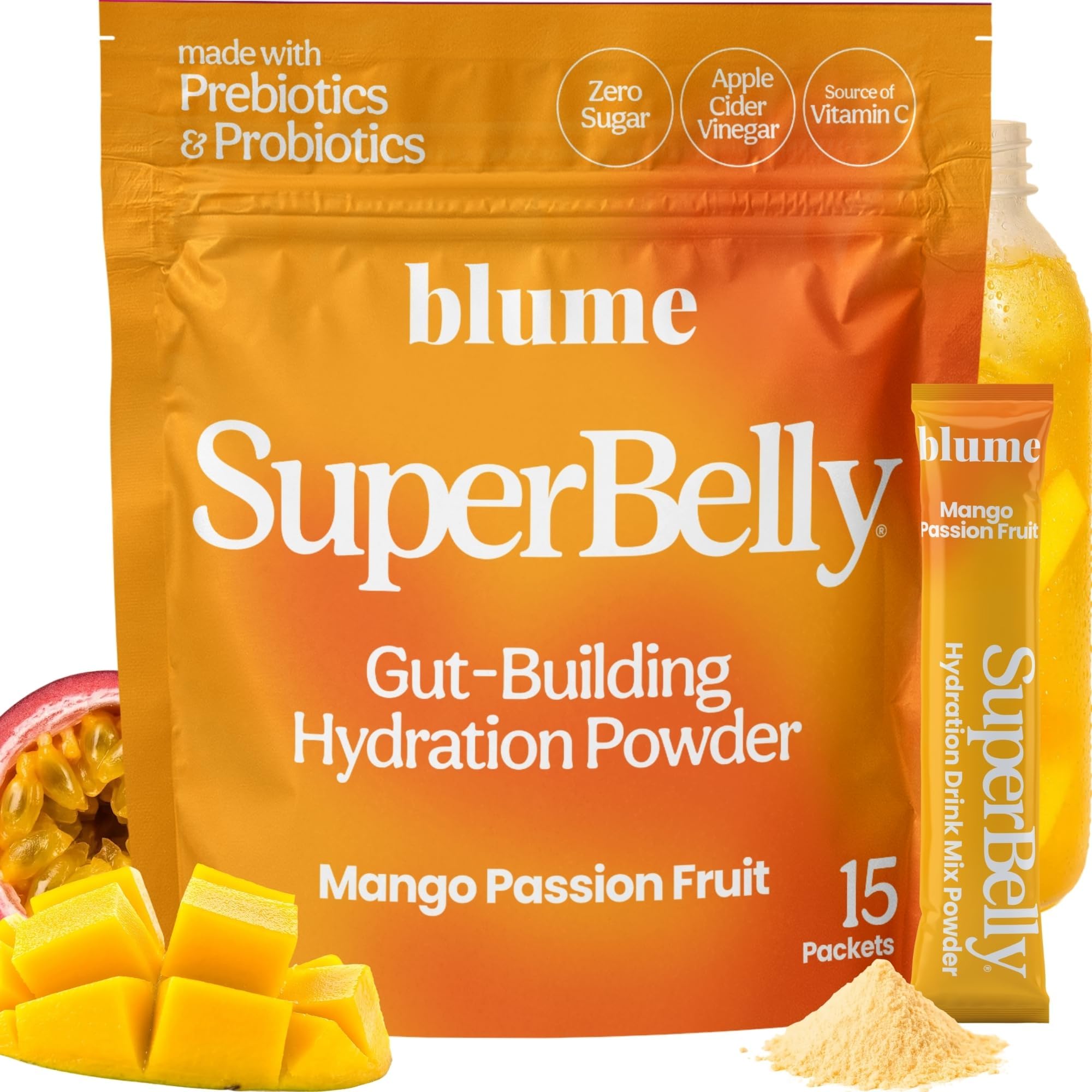 SuperBelly Gut Health + Hydration, Daily Sugar Free Probiotics, Prebiotic Fiber, and Electrolytes Powder Packets for Digestion Support, Stacked Water, Mango Passionfruit, 15 Sticks