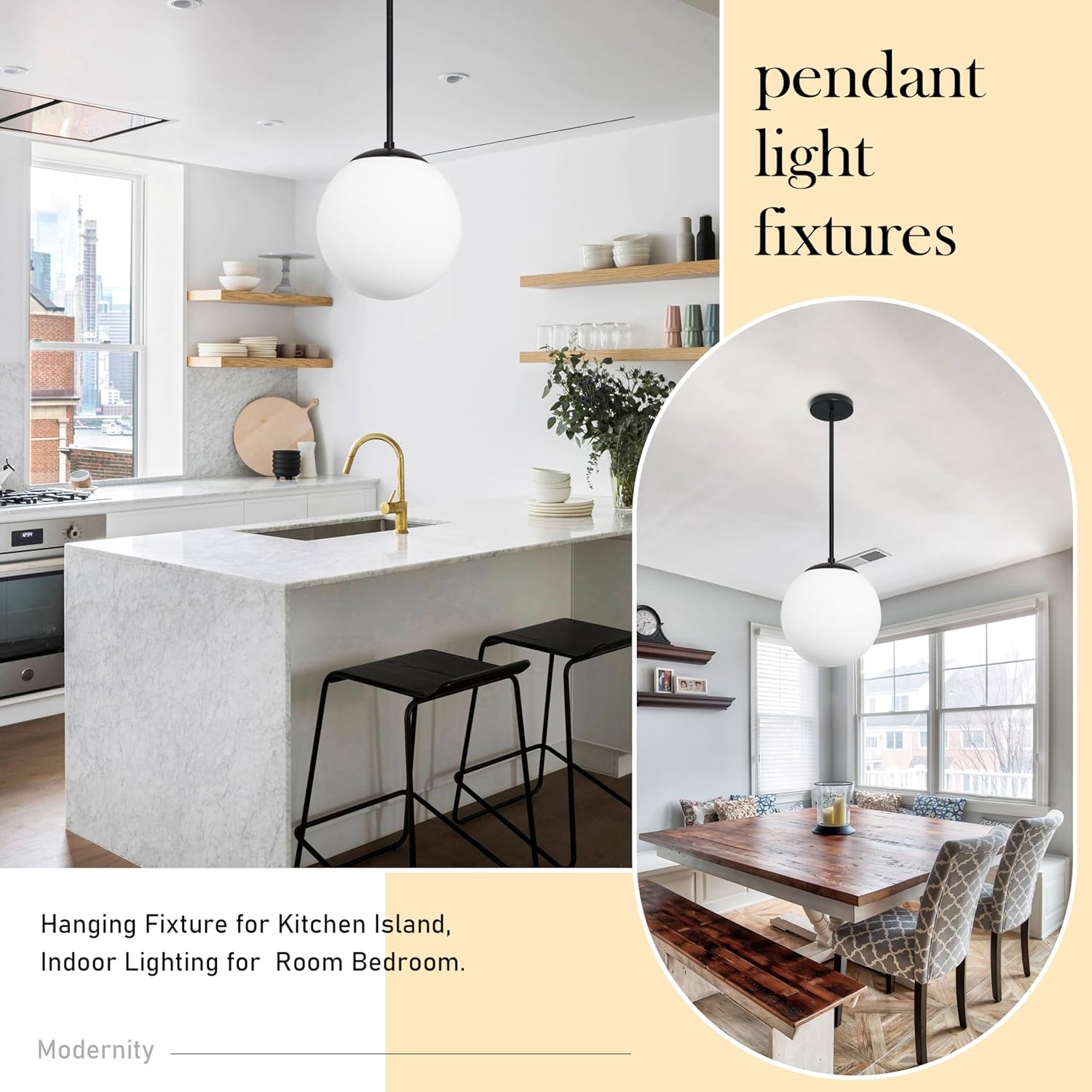 14" Globe Pendant Light 3-Light Black Milk Glass Pendant Light Mid Century Modern Light Fixture Globe Pendant Lights Kitchen Island Matte Black Finished with Milk Glass Lampshade for Bedroom Opal & Black 14 Inch