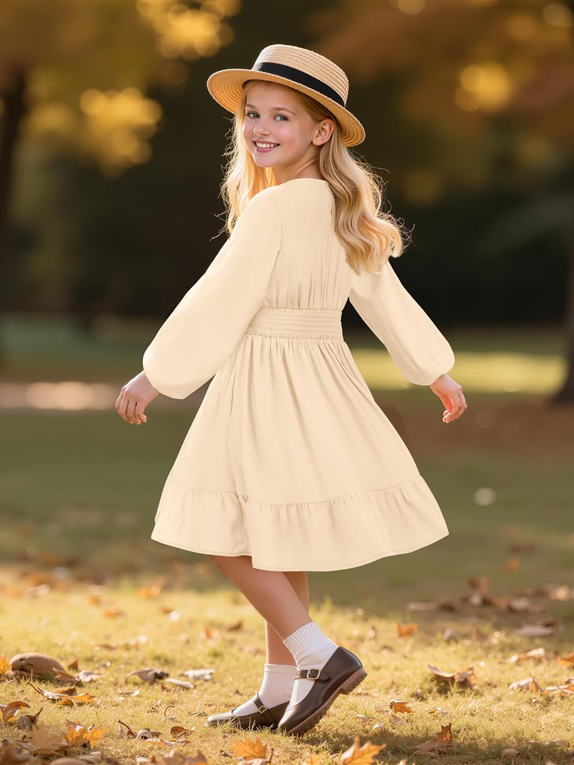 Cubear Girls' A-Line Casual Dress with Ruffle Hem Round Neck Teens Dress Long Puff Sleeve Junior Dresses for Teens, 5-14Y - Image 5