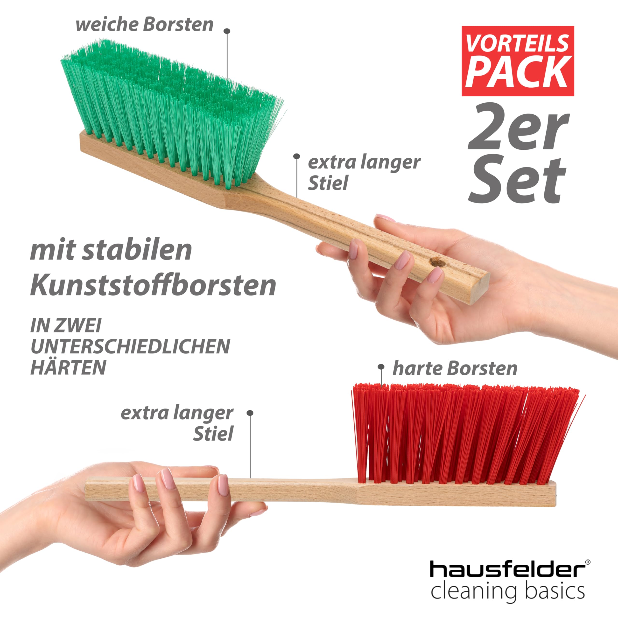 Hausfelder Straßenbesen Set 40 cm, 4-teilig, Schwarz | 4-teilig, für Garten & Terrasse, Straßenbesen, Handfeger, langer, Stiel, Kehrbesen, draußen, hart, Garage