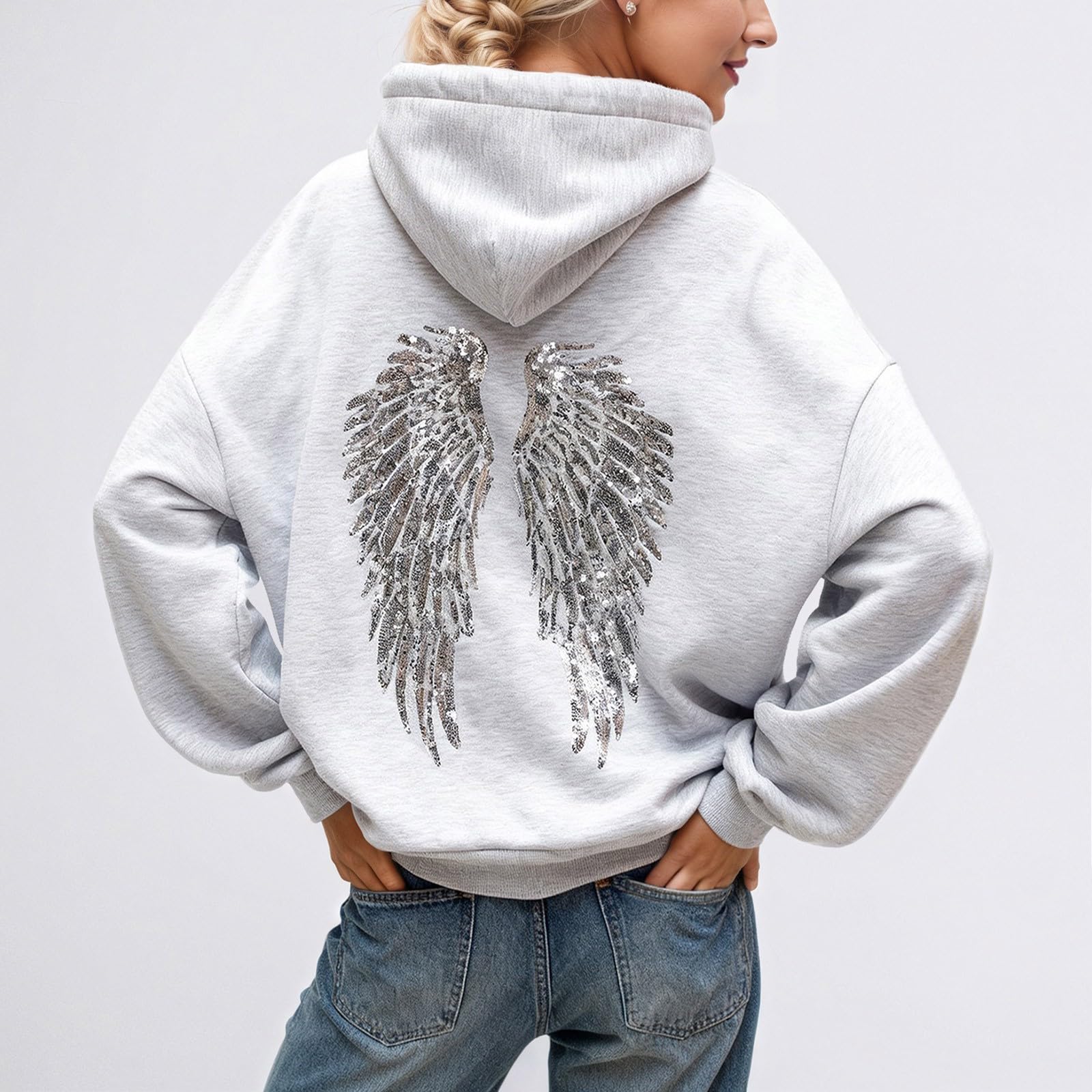 Angel Hoodie Sweat a Capuche Femme avec Ailes d'ange en Strass et Poches Pull Ange Casual Longue Hoodie Femme Automne et Hiver Sweatshirt Chaud Streetwear Sweat Sport Vêtements