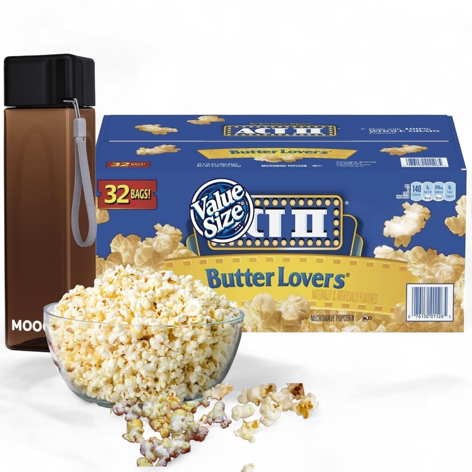 Movie Night Popcorn Bundle – Butter Flavor Microwave Popcorn (32 Count) + MOOCHI Reusable Water Bottle | Custom Bundled by MOOCHI