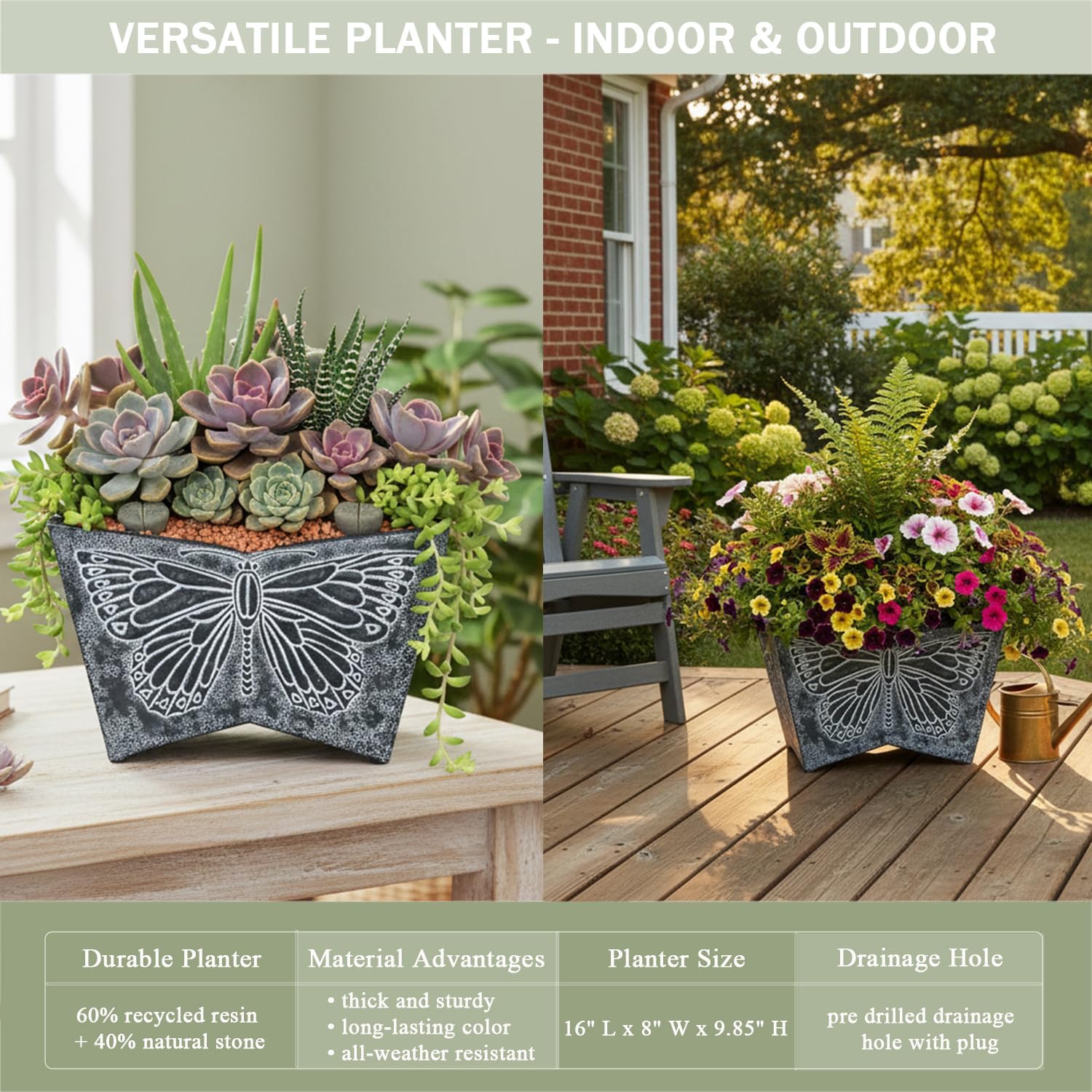 GreenShip 16 Inch Large Planter with Drainage, Vintage Embossed Butterfly Flower Pot, All-Weather Resin Garden Pot for Indoor Outdoor Plants, Patio Balcony Decor, Dark Grey