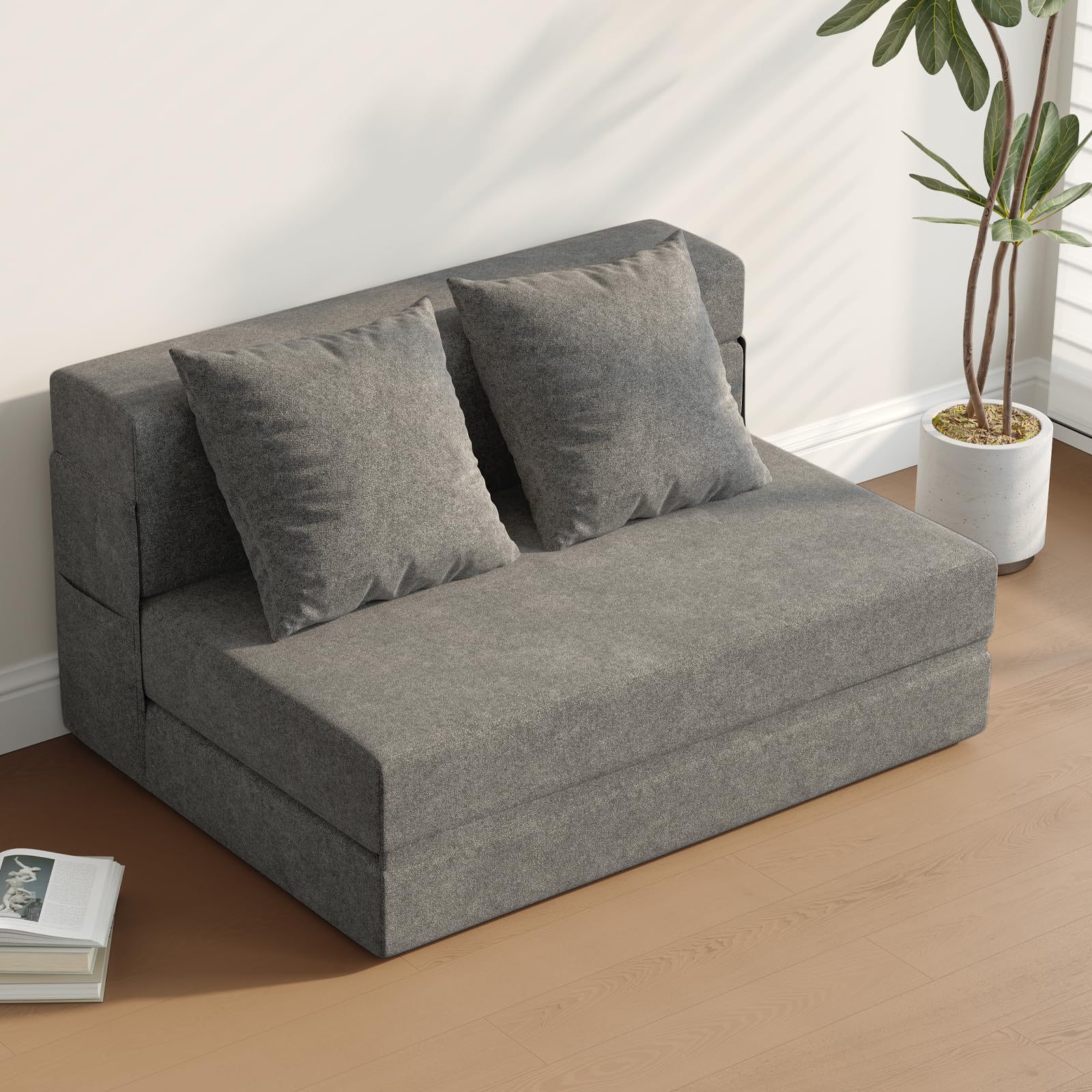 Schlafsessel mit Bettfunktion, 5 in 1 Klappbar Schlafsofa 99 cm Breit Bettsofa mit Kissen & Seitentaschen, Bodenmatratze für Wohnzimmer Schlafzimmer Büro Gästezimmer, Dunkelgrau